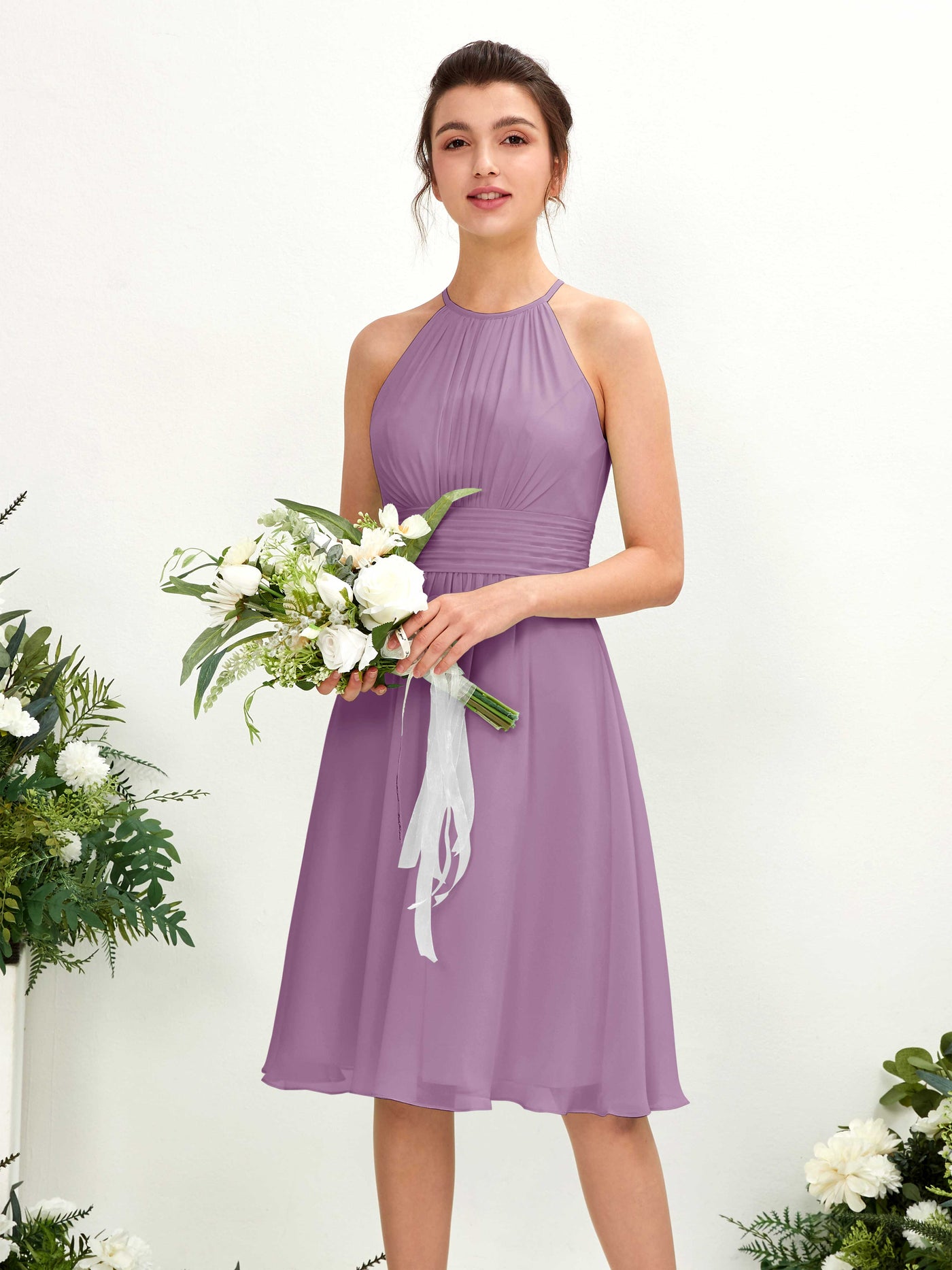 Carlyna Vestido línea A cuello redondo hasta la rodilla gasa dama de honor Niebla Orquídea #color_niebla-orqu-dea