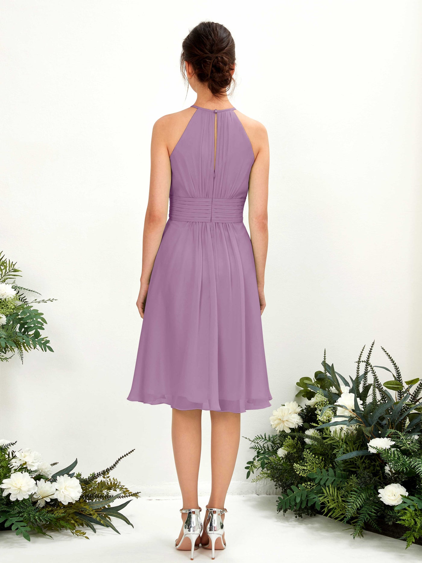 Carlyna Vestido línea A cuello redondo hasta la rodilla gasa dama de honor Niebla Orquídea #color_niebla-orqu-dea