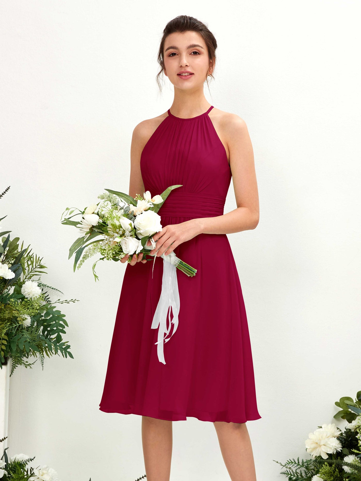Carlyna Vestido línea A cuello redondo hasta la rodilla gasa dama de honor Rojo Bufón #color_rojo-buf-n