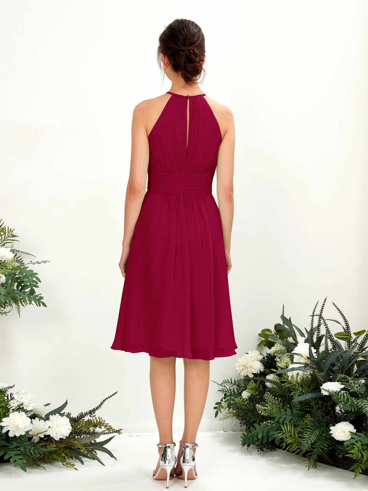 Carlyna Vestido línea A cuello redondo hasta la rodilla gasa dama de honor Rojo Bufón #color_rojo-buf-n