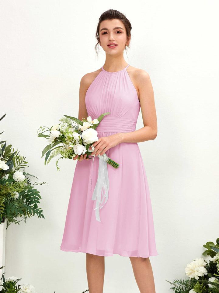 Carlyna Vestido línea A cuello redondo hasta la rodilla gasa dama de honor Rosa Caramelo 