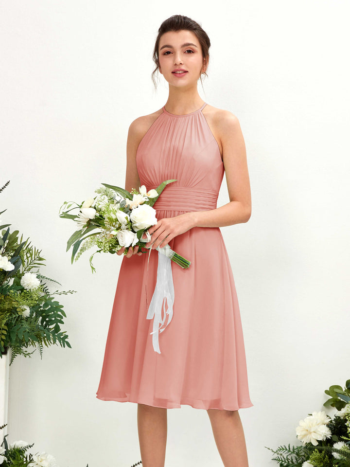 Carlyna Vestido línea A cuello redondo hasta la rodilla gasa dama de honor Rosa Champán 