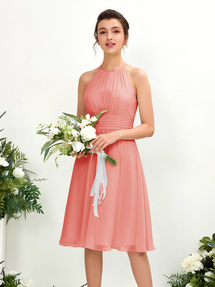 Carlyna Vestido línea A cuello redondo hasta la rodilla gasa dama de honor Rosa Melocotón 