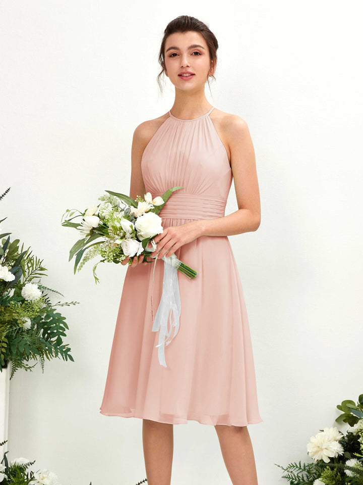 Carlyna Vestido línea A cuello redondo hasta la rodilla gasa dama de honor Rosa Perla 