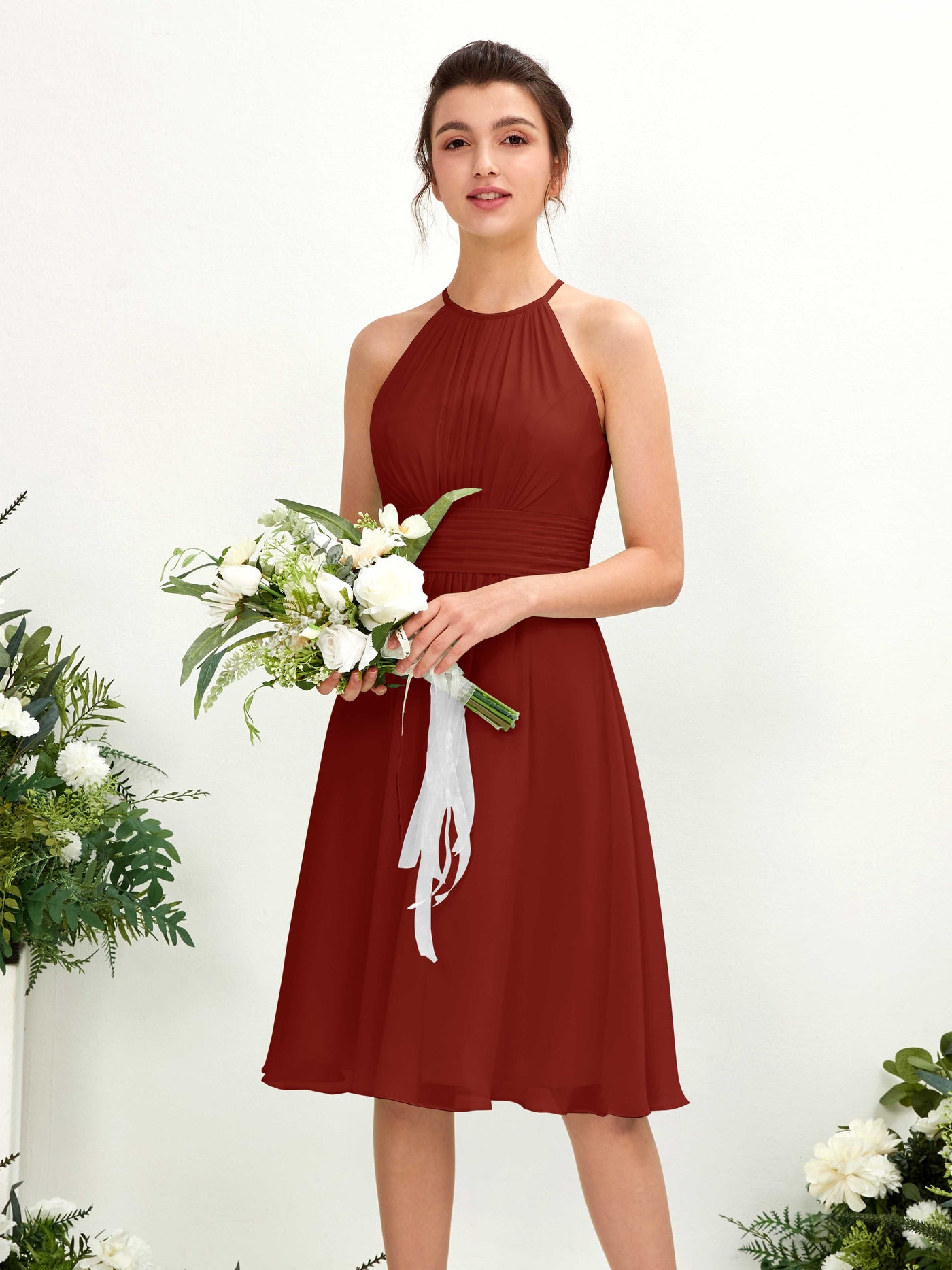 Carlyna Vestido línea A cuello redondo hasta la rodilla gasa dama de honor Óxido #color_xido