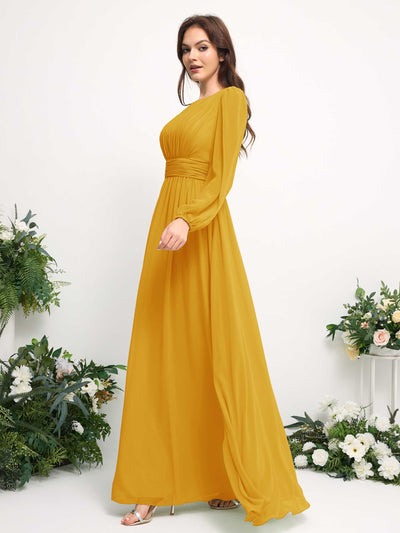 Carlyna Vestido línea A de gasa escote bandeja manga larga para dama de honor Amarillo Mostaza #color_amarillo-mostaza