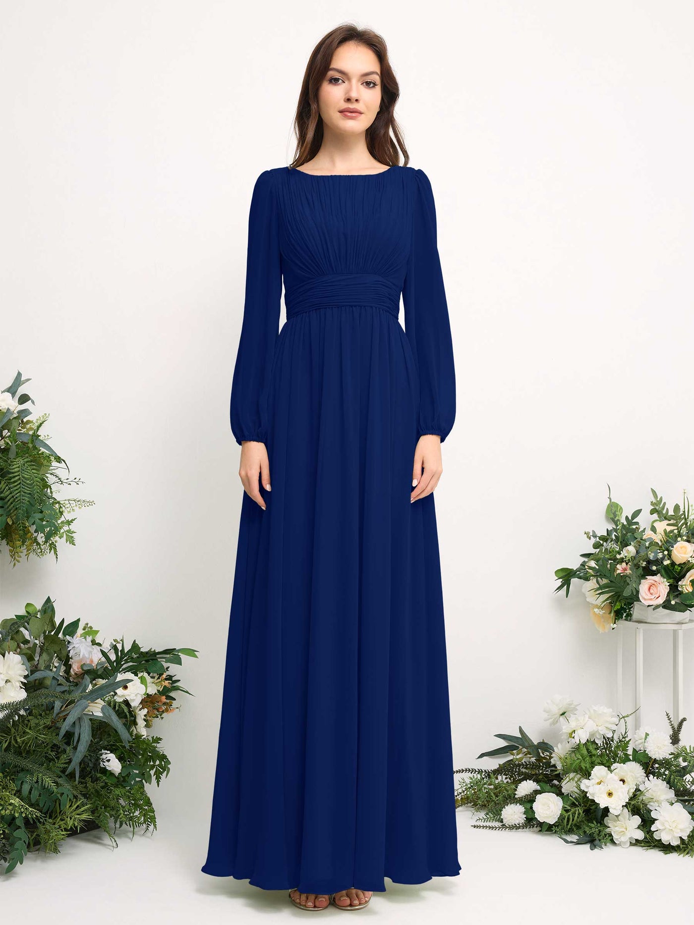 Carlyna Vestido línea A de gasa escote bandeja manga larga para dama de honor Azul Real #color_azul-real