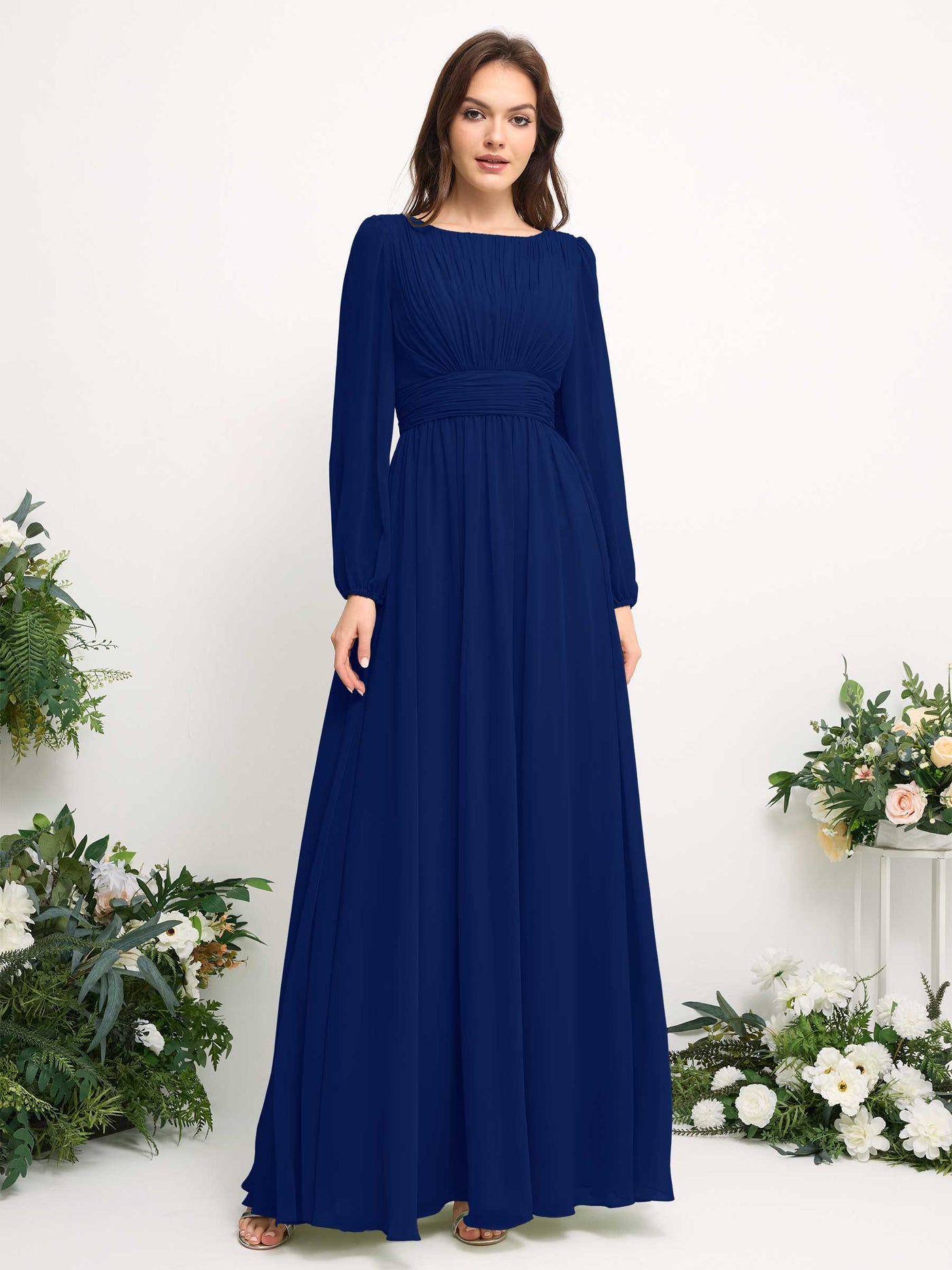 Carlyna Vestido línea A de gasa escote bandeja manga larga para dama de honor Azul Real #color_azul-real