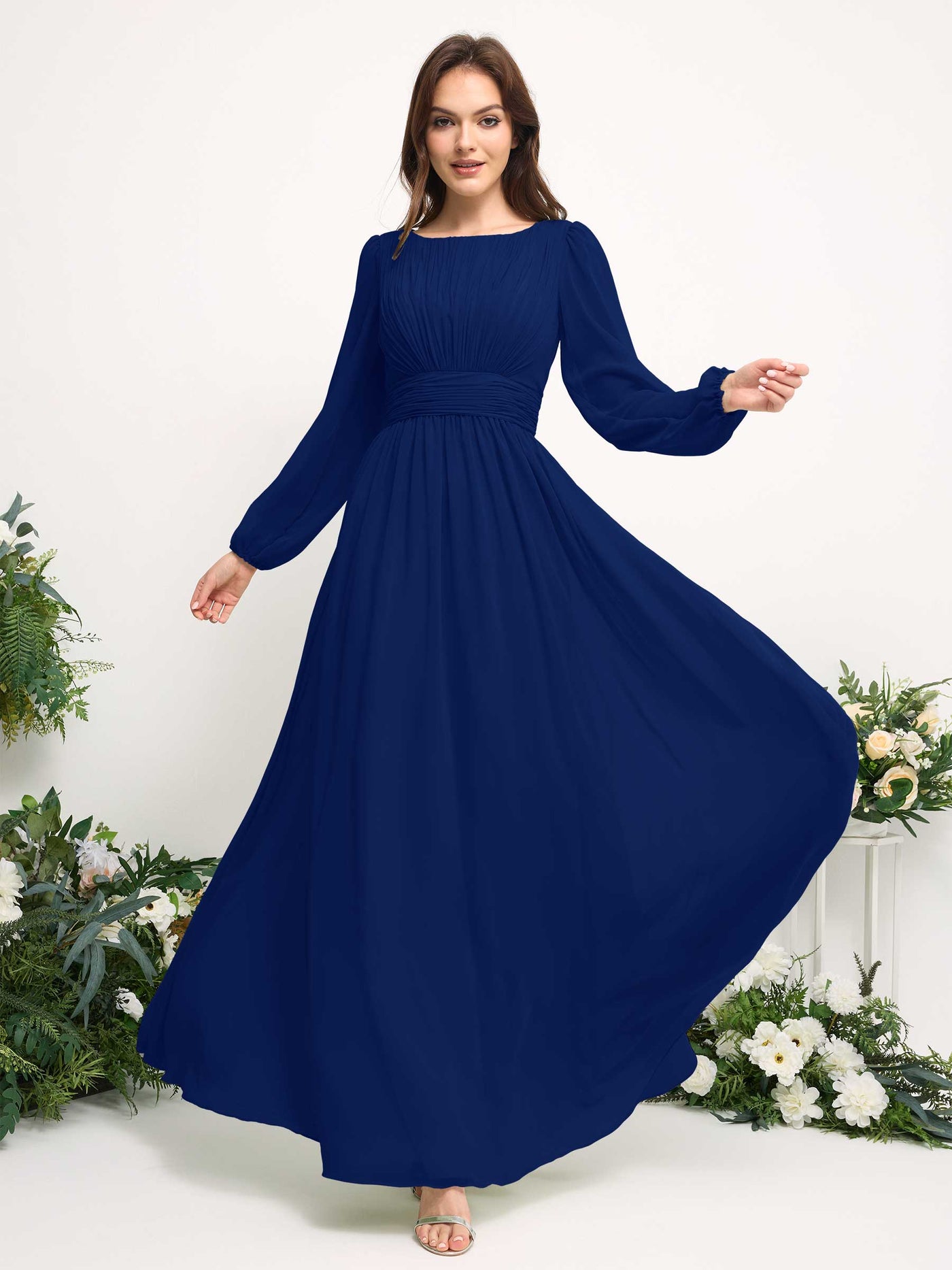 Carlyna Vestido línea A de gasa escote bandeja manga larga para dama de honor Azul Real #color_azul-real