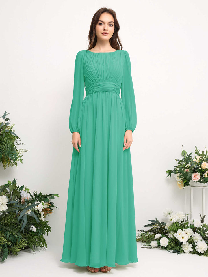 Carlyna Vestido línea A de gasa escote bandeja manga larga para dama de honor Azul Tiffany 