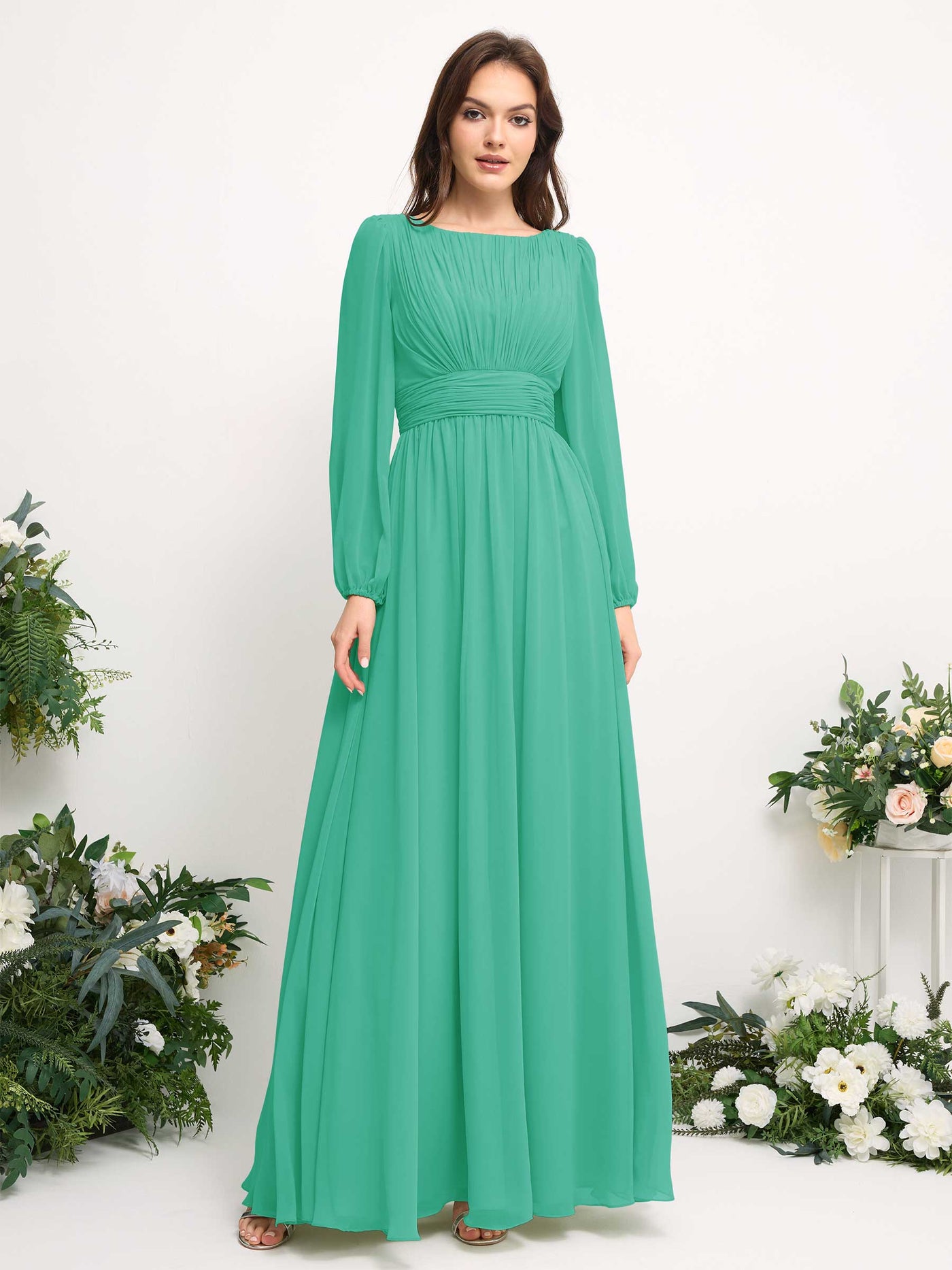 Carlyna Vestido línea A de gasa escote bandeja manga larga para dama de honor Azul Tiffany #color_azul-tiffany