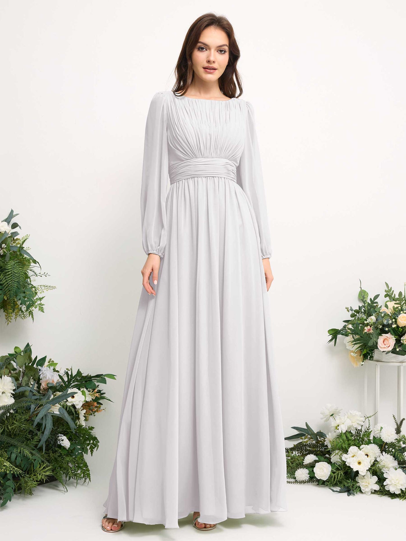 Carlyna Vestido línea A de gasa escote bandeja manga larga para dama de honor Blanco #color_blanco