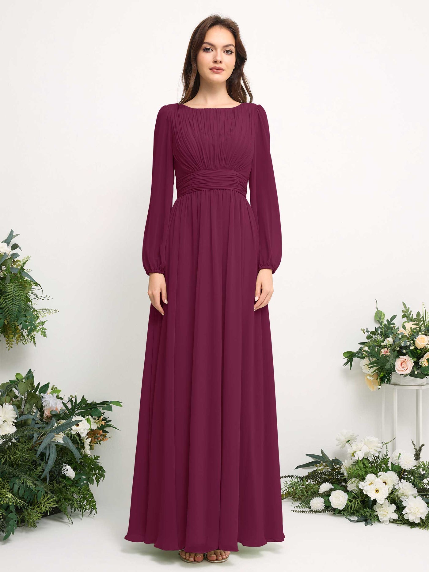 Carlyna Vestido línea A de gasa escote bandeja manga larga para dama de honor Chianti #color_chianti