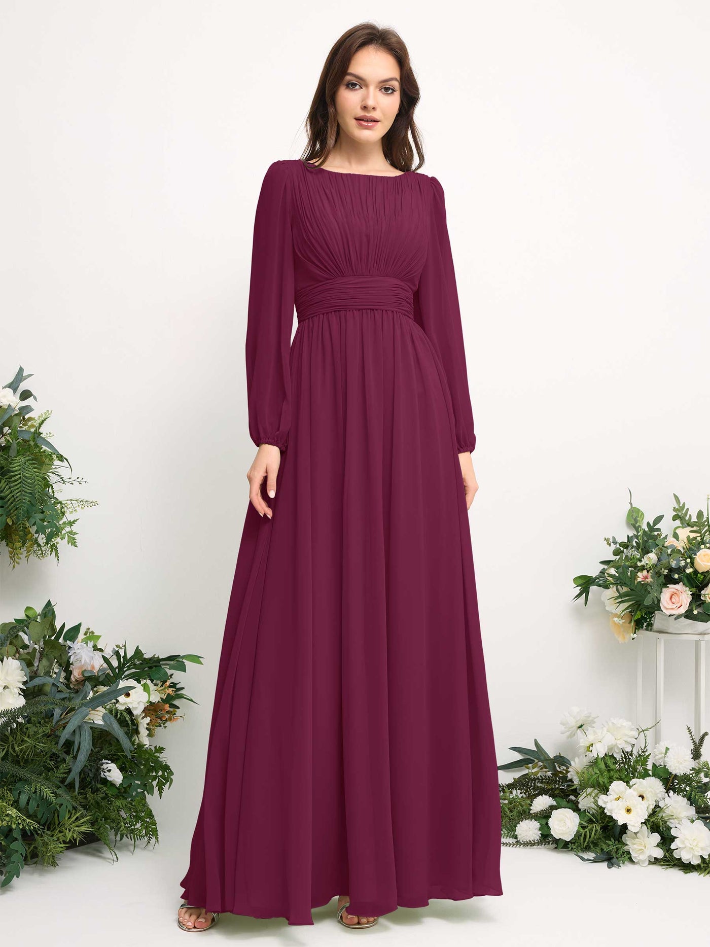Carlyna Vestido línea A de gasa escote bandeja manga larga para dama de honor Chianti #color_chianti