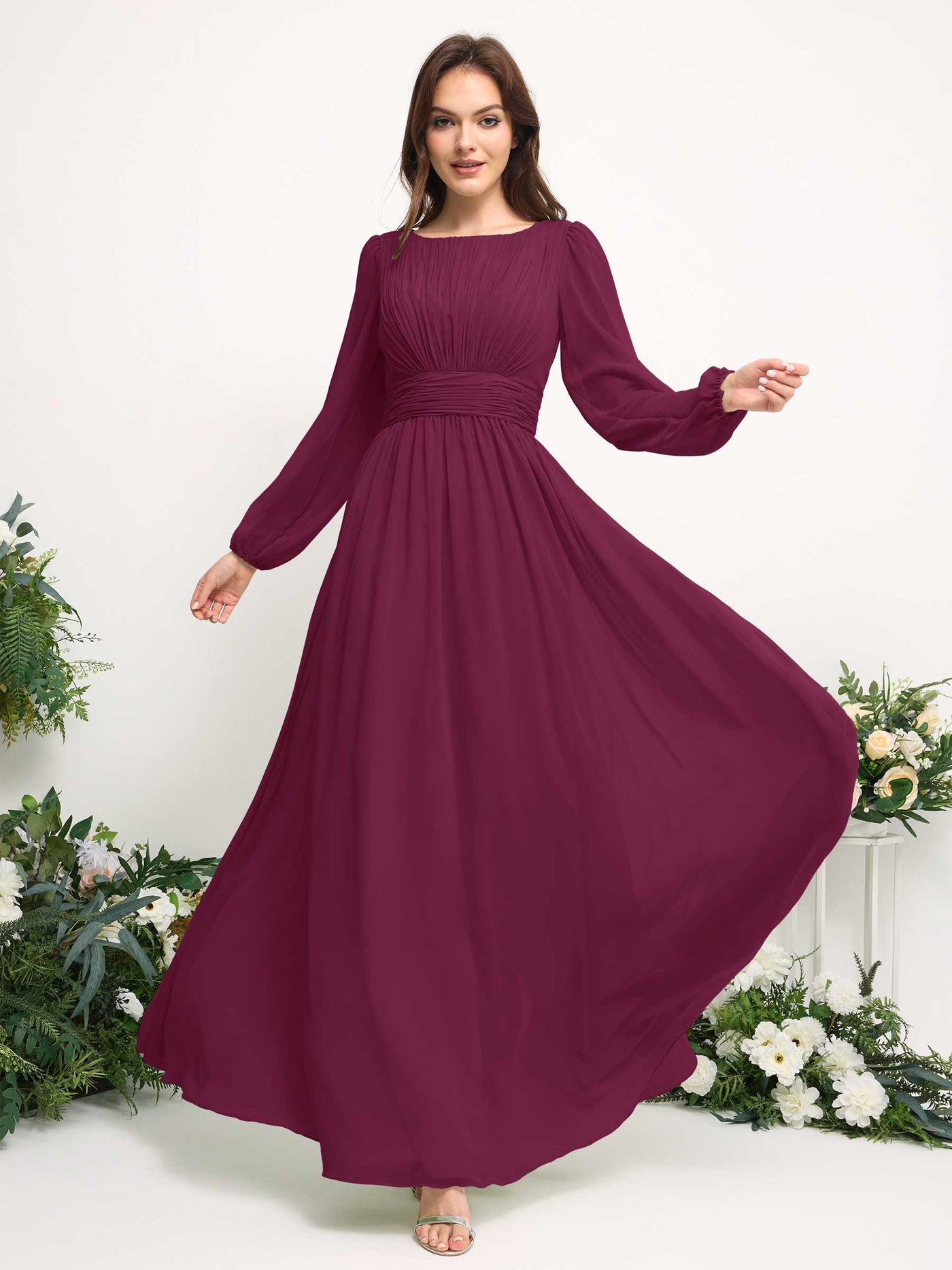 Carlyna Vestido línea A de gasa escote bandeja manga larga para dama de honor Chianti #color_chianti