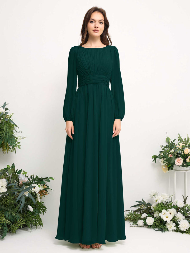 Carlyna Vestido línea A de gasa escote bandeja manga larga para dama de honor Esmeralda Oscuro 