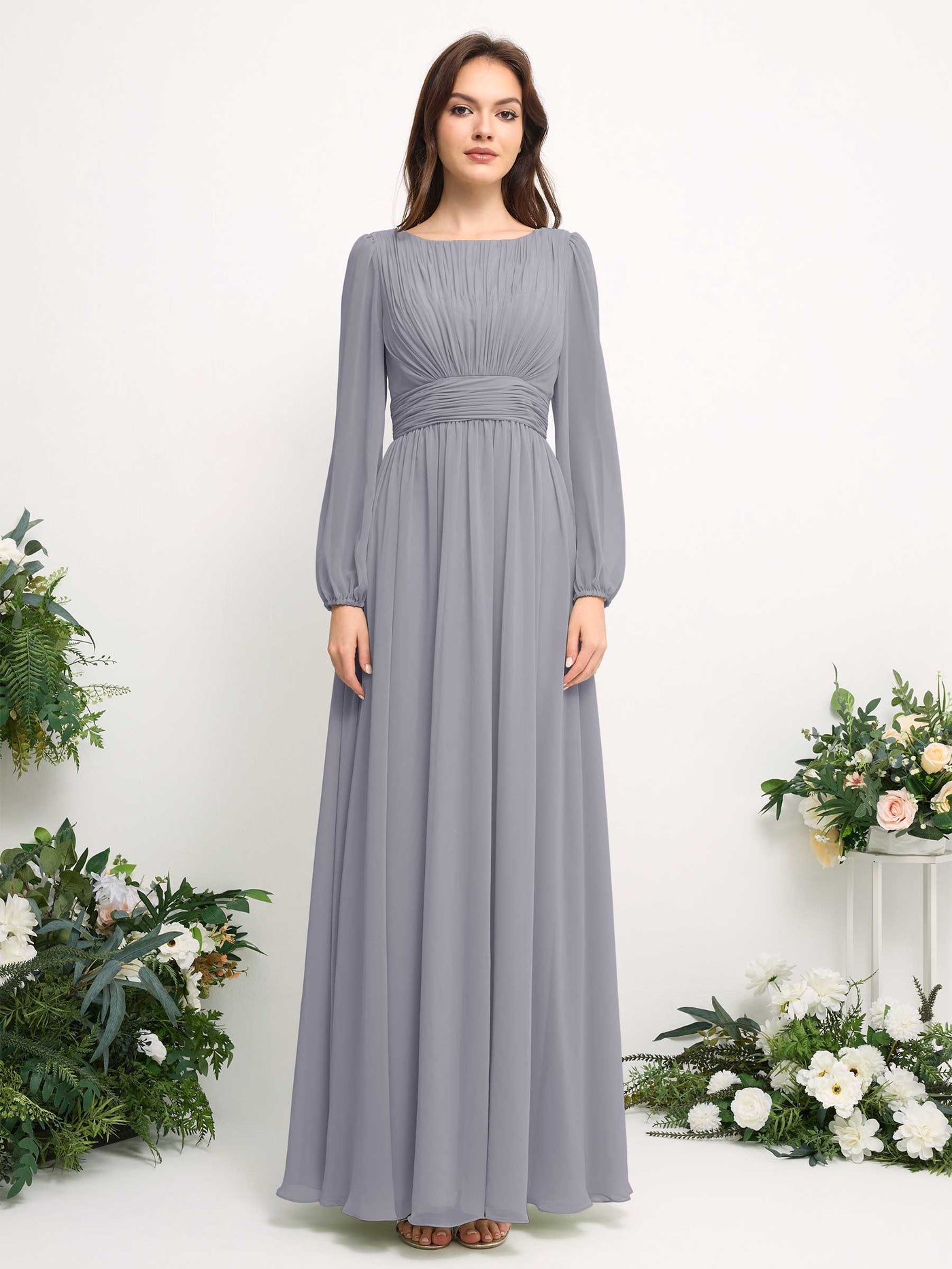 Carlyna Vestido línea A de gasa escote bandeja manga larga para dama de honor Lavanda Viejo #color_lavanda-viejo