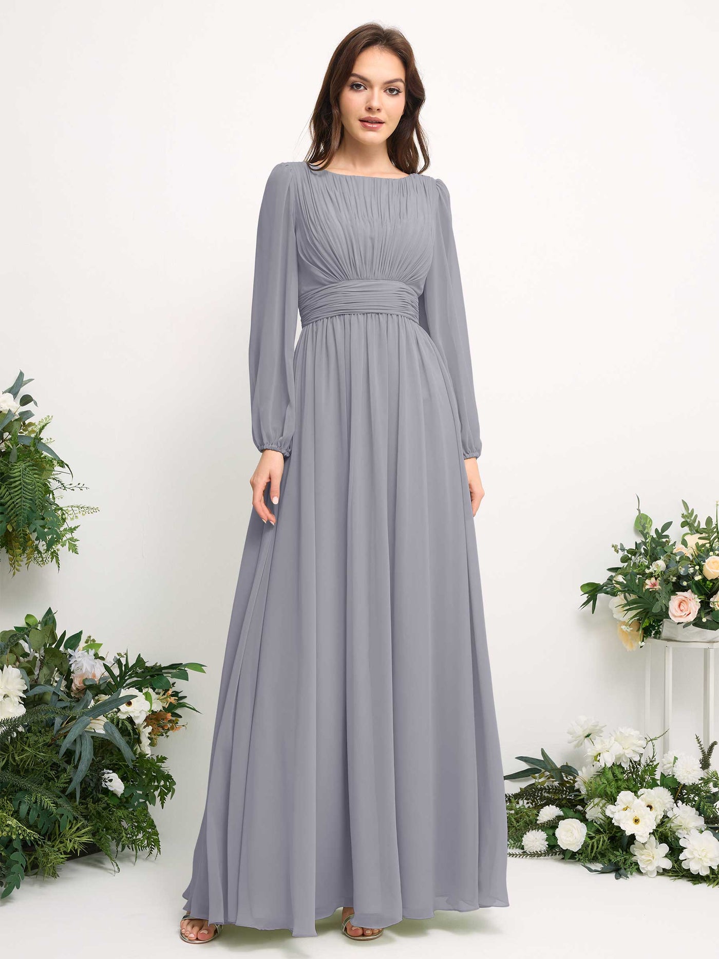Carlyna Vestido línea A de gasa escote bandeja manga larga para dama de honor Lavanda Viejo #color_lavanda-viejo