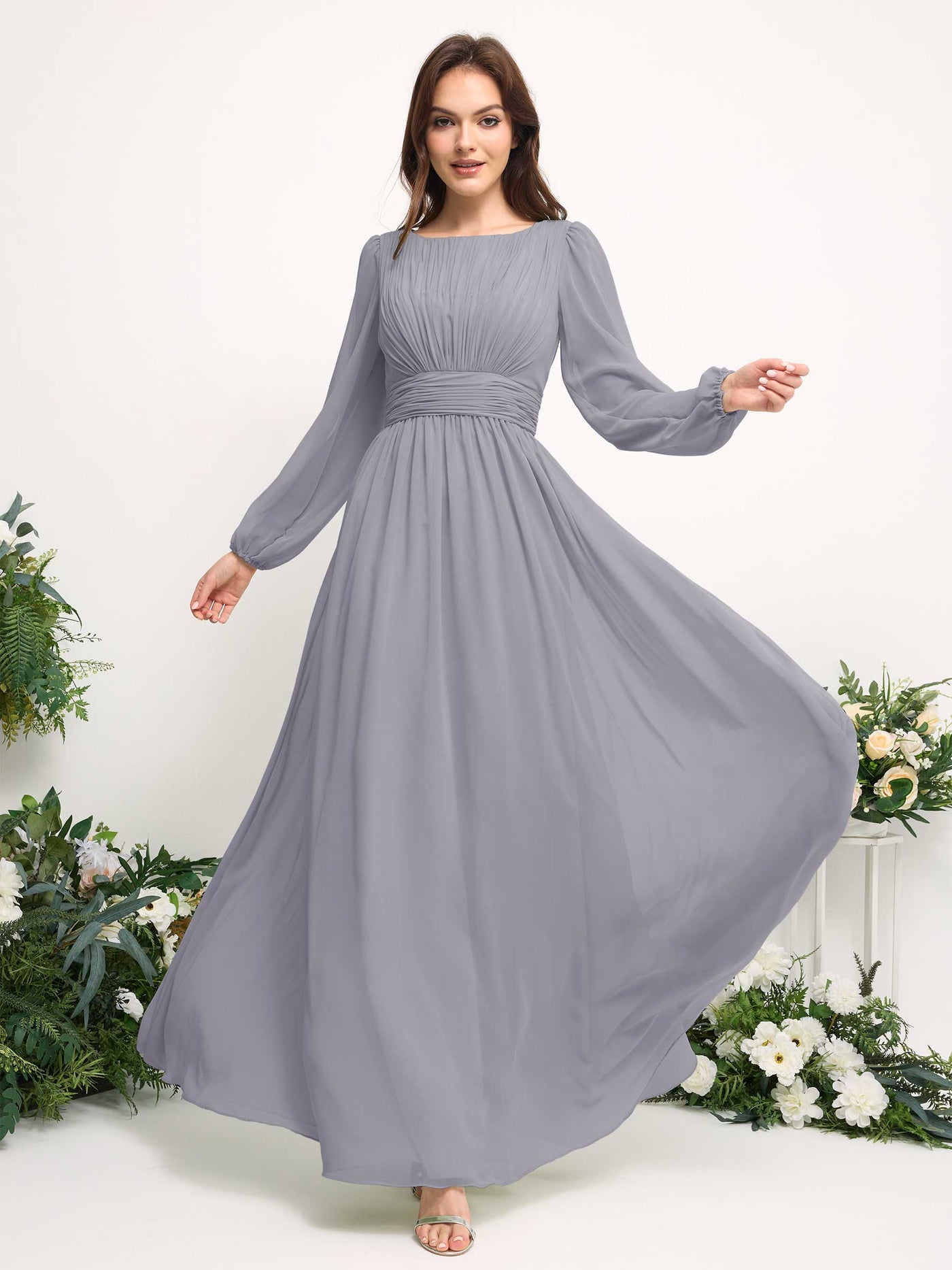 Carlyna Vestido línea A de gasa escote bandeja manga larga para dama de honor Lavanda Viejo #color_lavanda-viejo