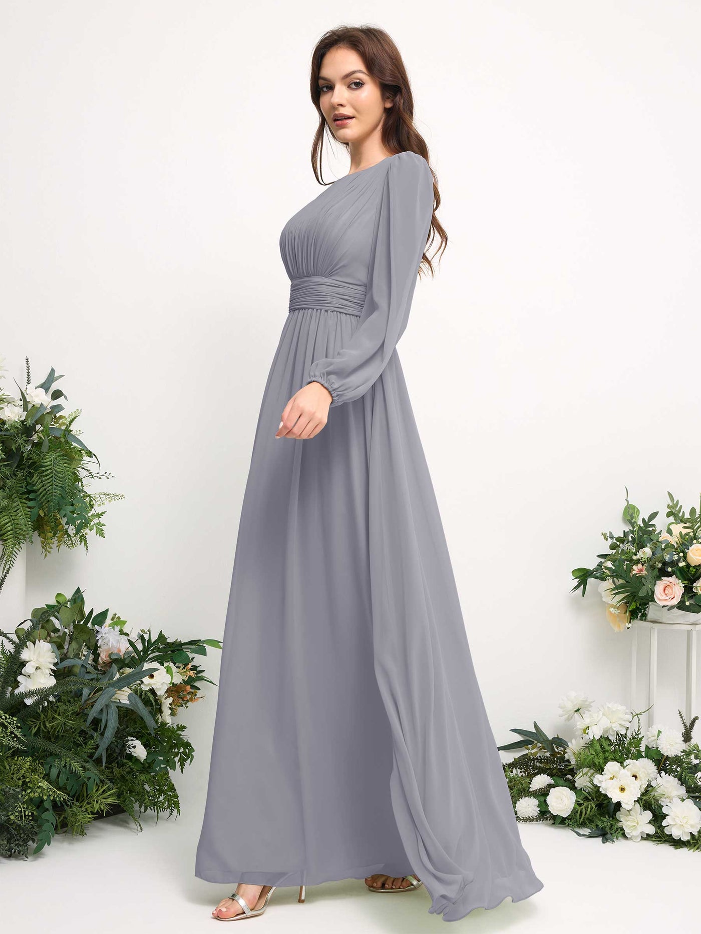 Carlyna Vestido línea A de gasa escote bandeja manga larga para dama de honor Lavanda Viejo #color_lavanda-viejo