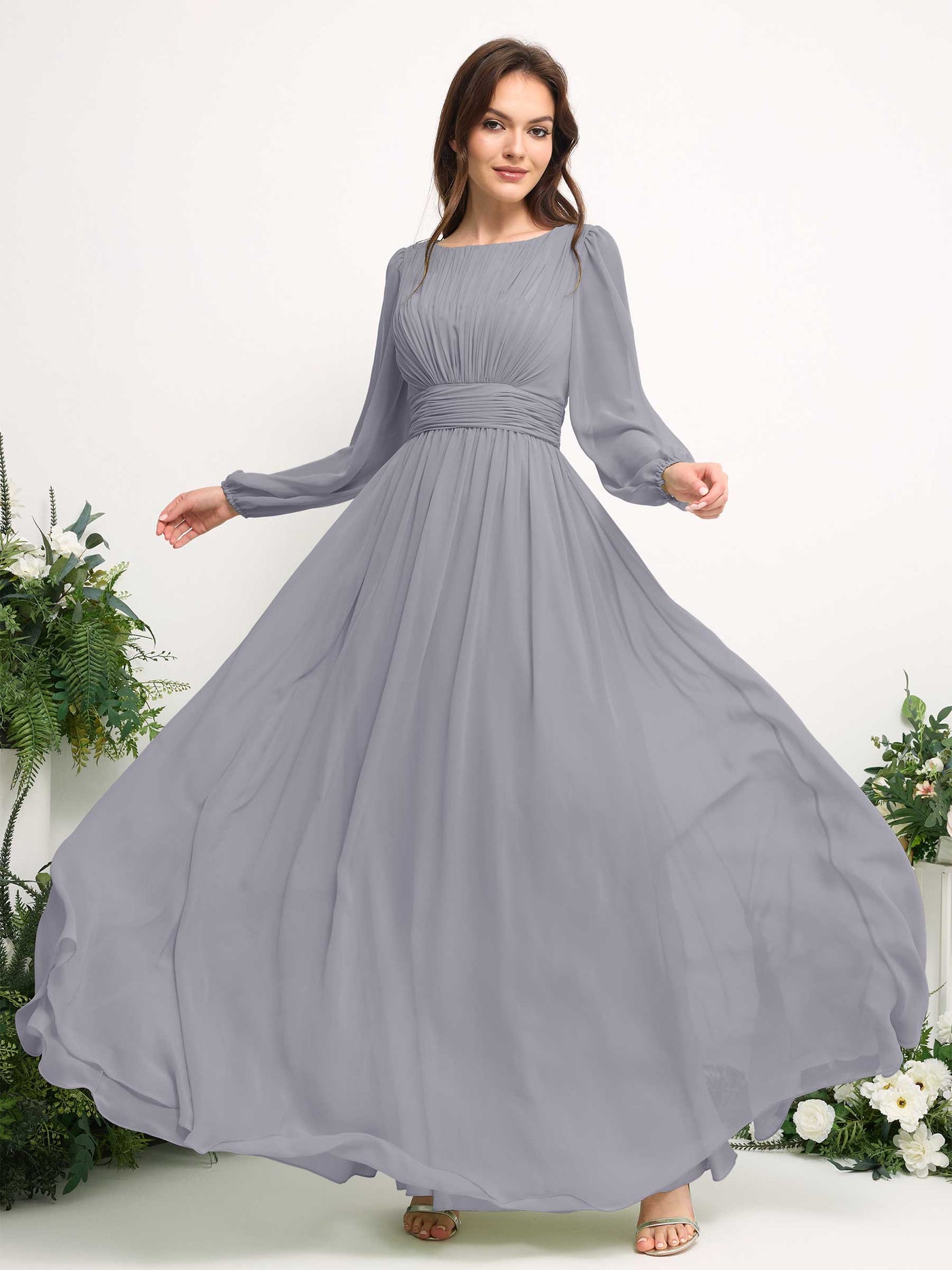 Carlyna Vestido línea A de gasa escote bandeja manga larga para dama de honor Lavanda Viejo #color_lavanda-viejo