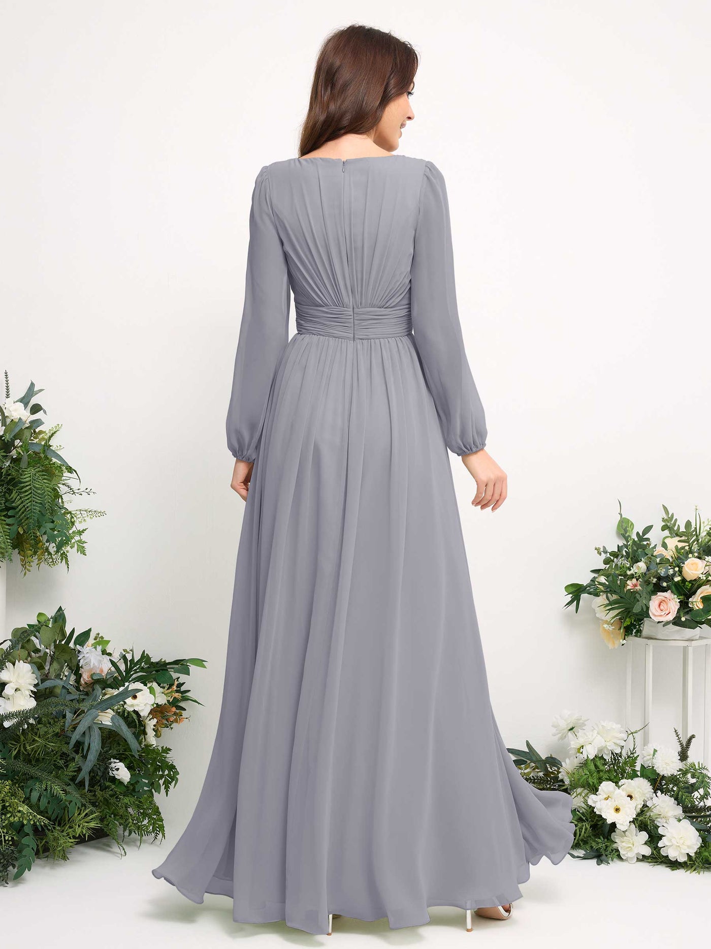 Carlyna Vestido línea A de gasa escote bandeja manga larga para dama de honor Lavanda Viejo #color_lavanda-viejo