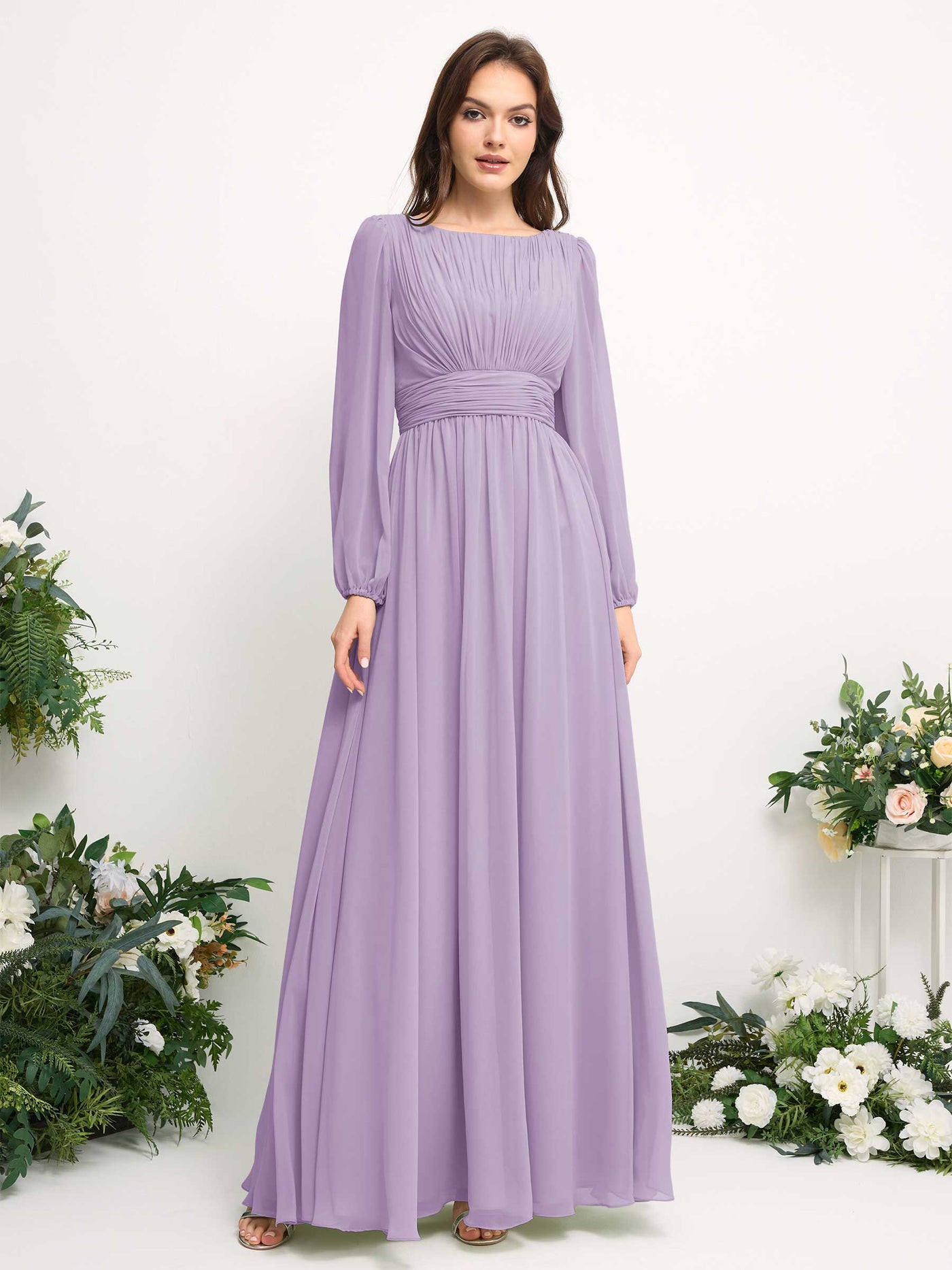 Carlyna Vestido línea A de gasa escote bandeja manga larga para dama de honor Lila #color_lila
