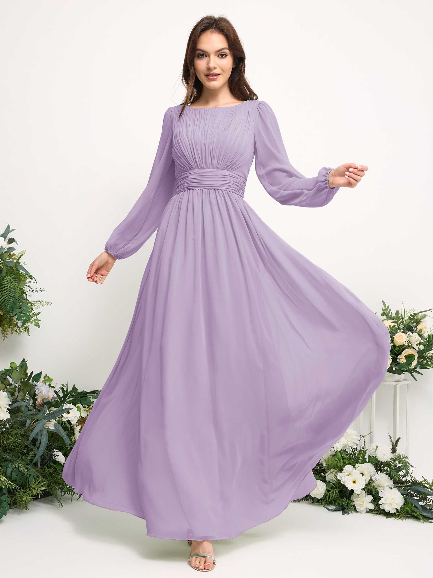 Carlyna Vestido línea A de gasa escote bandeja manga larga para dama de honor Lila #color_lila
