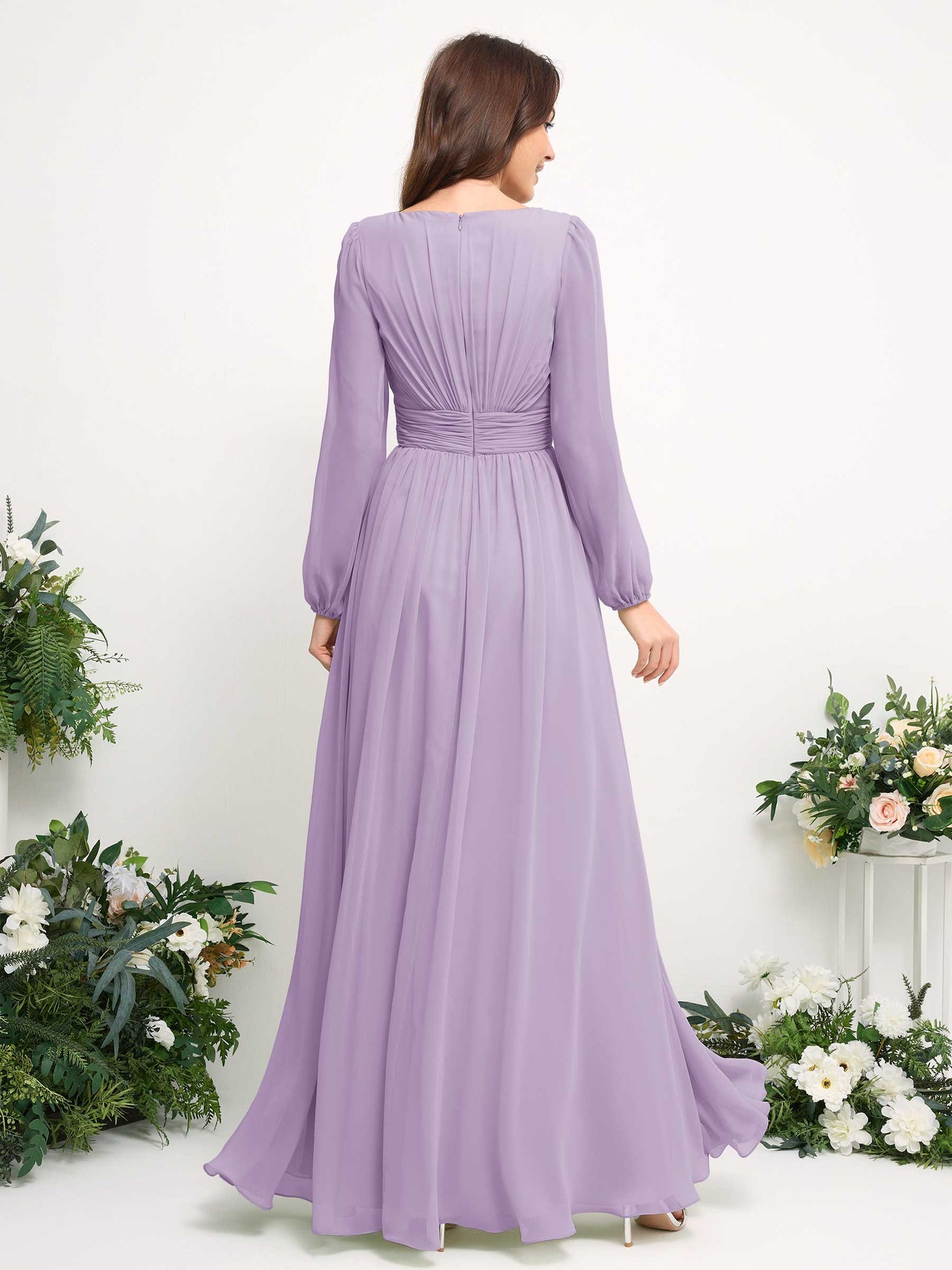 Carlyna Vestido línea A de gasa escote bandeja manga larga para dama de honor Lila #color_lila