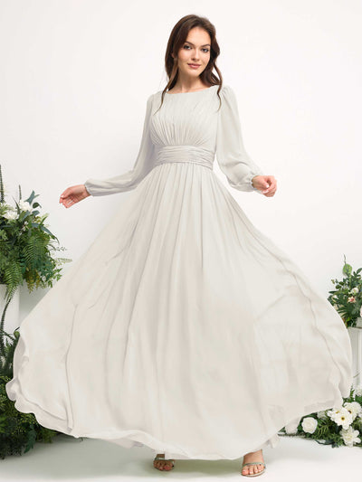 Carlyna Vestido línea A de gasa escote bandeja manga larga para dama de honor Marfil #color_marfil