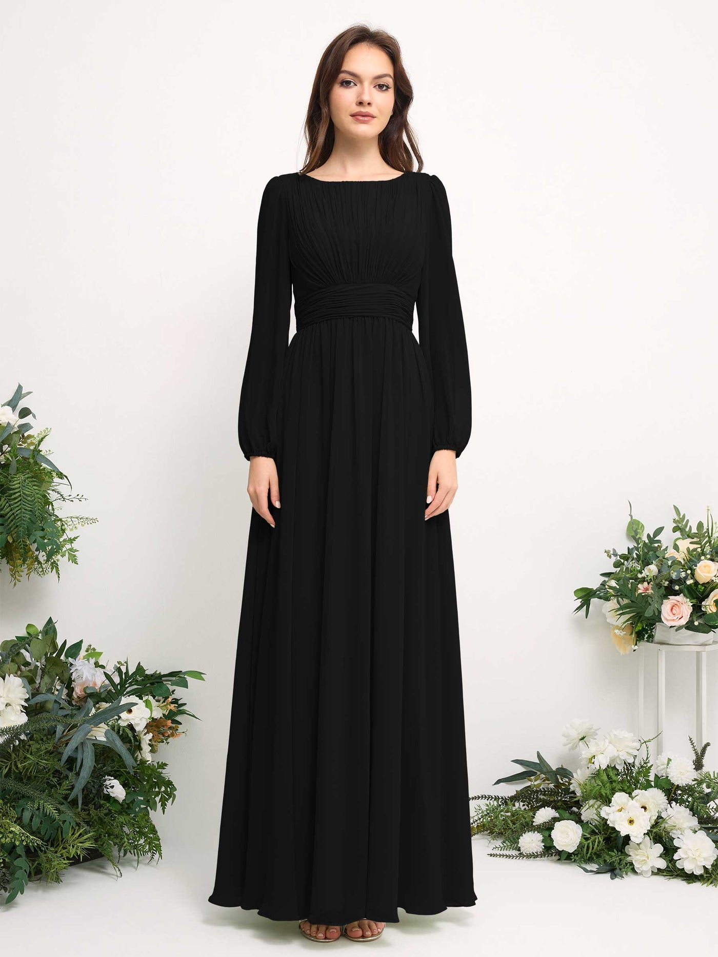 Carlyna Vestido línea A de gasa escote bandeja manga larga para dama de honor Negro #color_negro