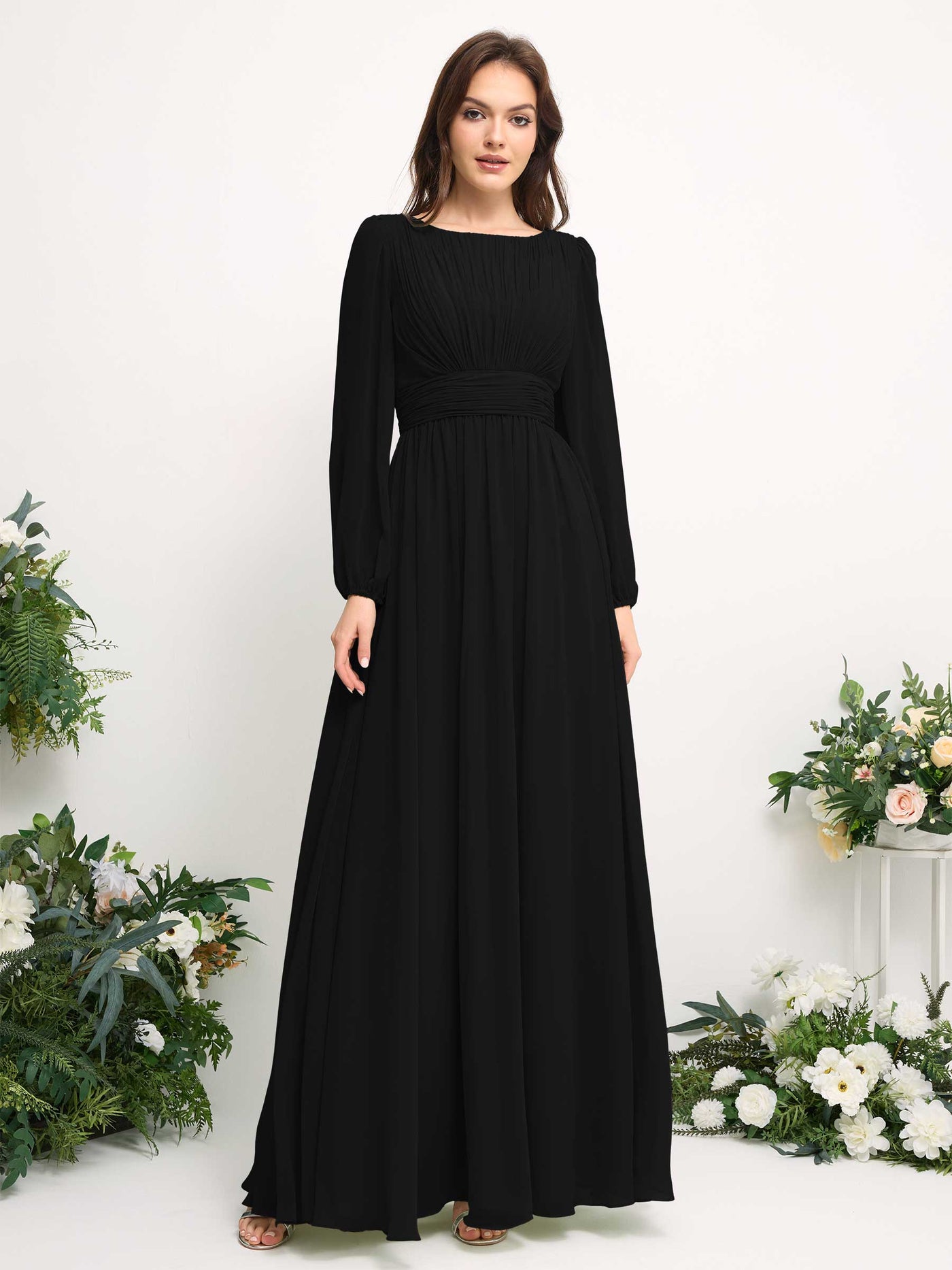 Carlyna Vestido línea A de gasa escote bandeja manga larga para dama de honor Negro #color_negro