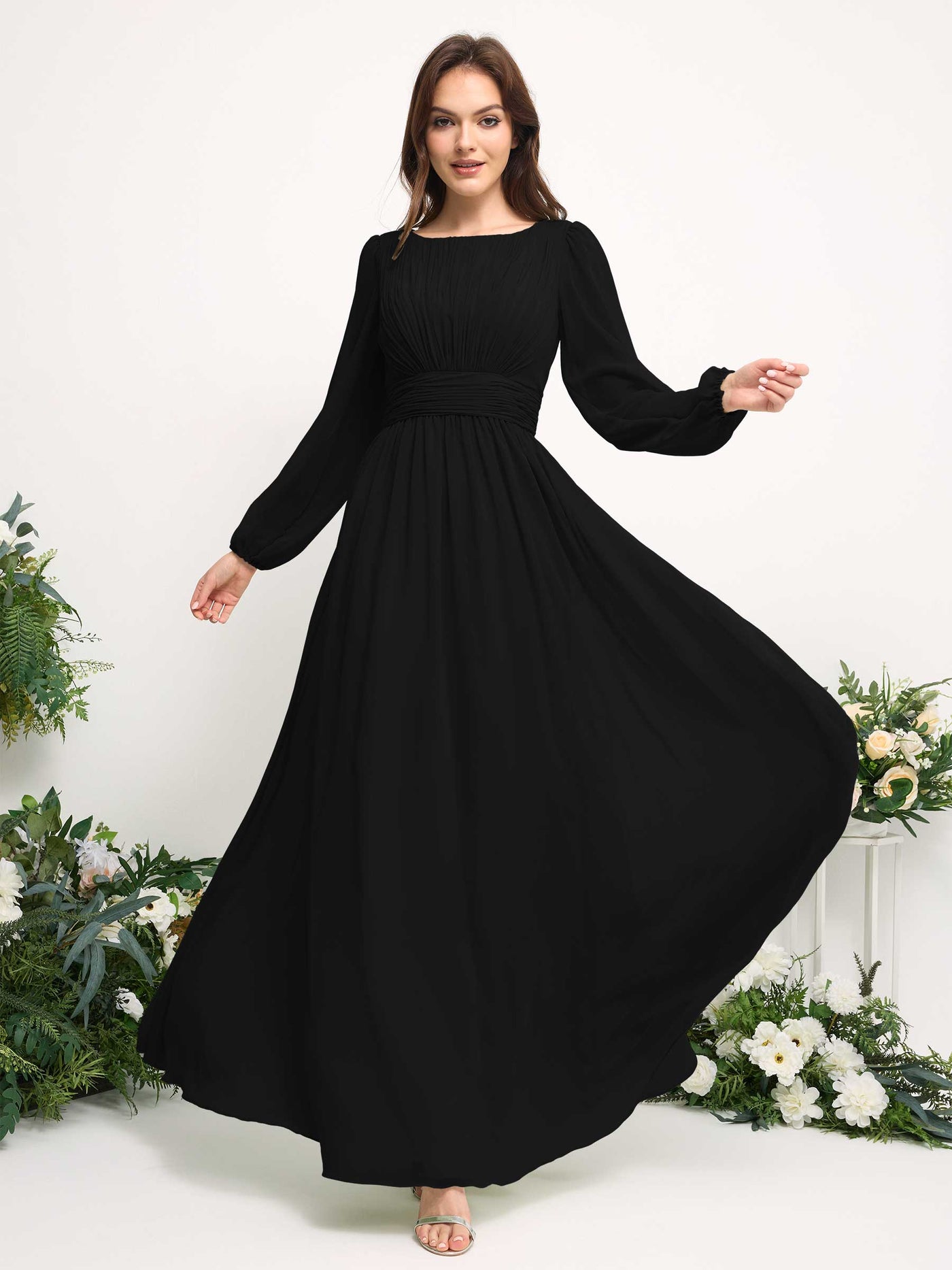 Carlyna Vestido línea A de gasa escote bandeja manga larga para dama de honor Negro #color_negro