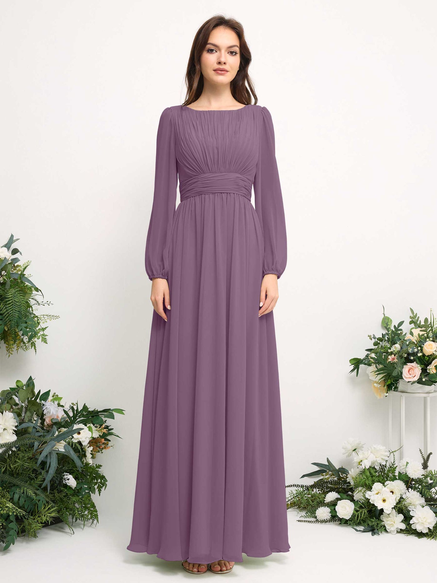 Carlyna Vestido línea A de gasa escote bandeja manga larga para dama de honor Niebla Orquídea #color_niebla-orqu-dea
