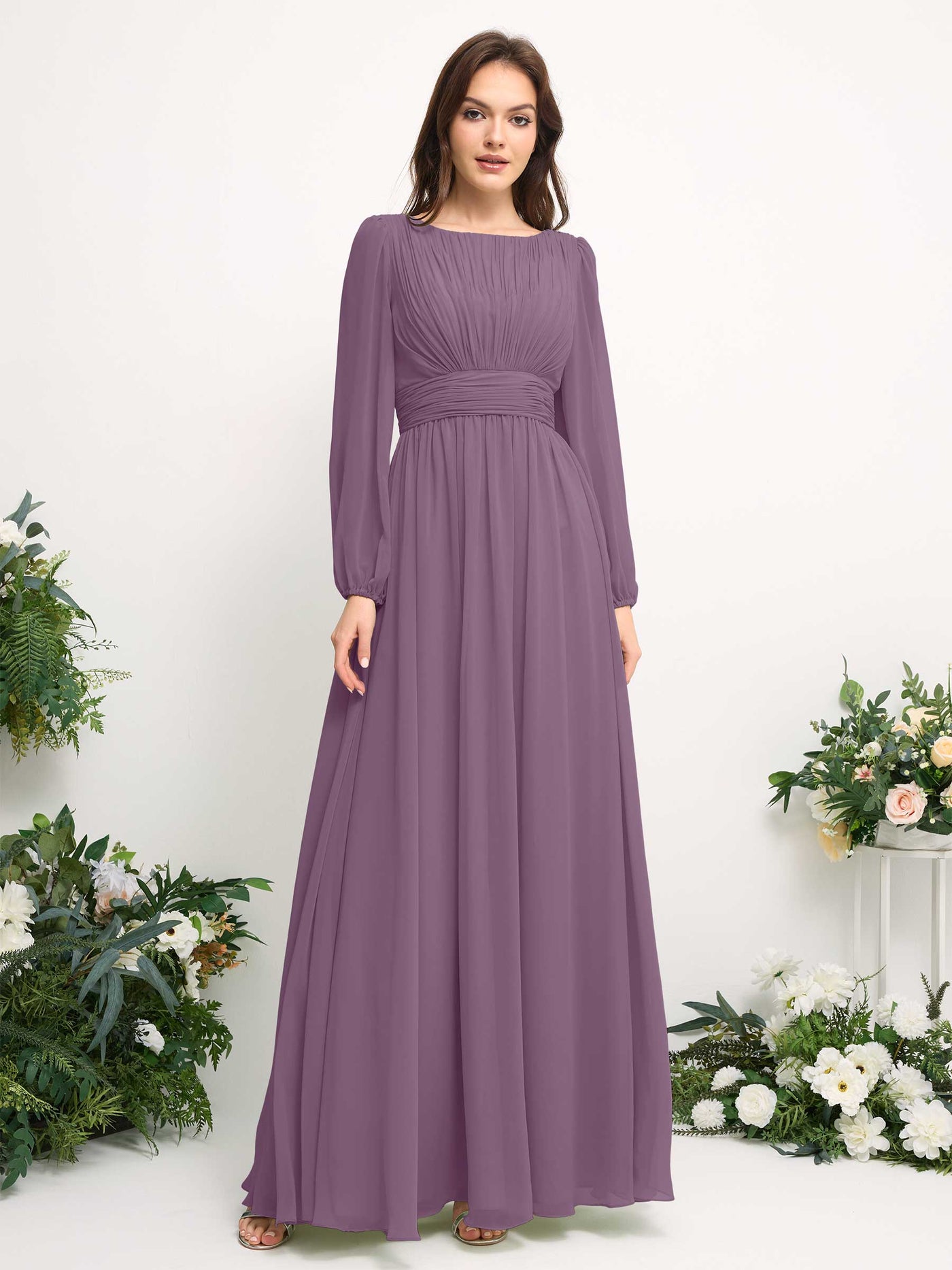 Carlyna Vestido línea A de gasa escote bandeja manga larga para dama de honor Niebla Orquídea #color_niebla-orqu-dea