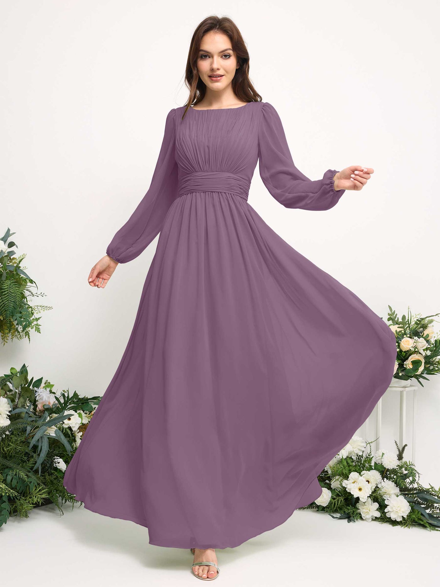 Carlyna Vestido línea A de gasa escote bandeja manga larga para dama de honor Niebla Orquídea #color_niebla-orqu-dea