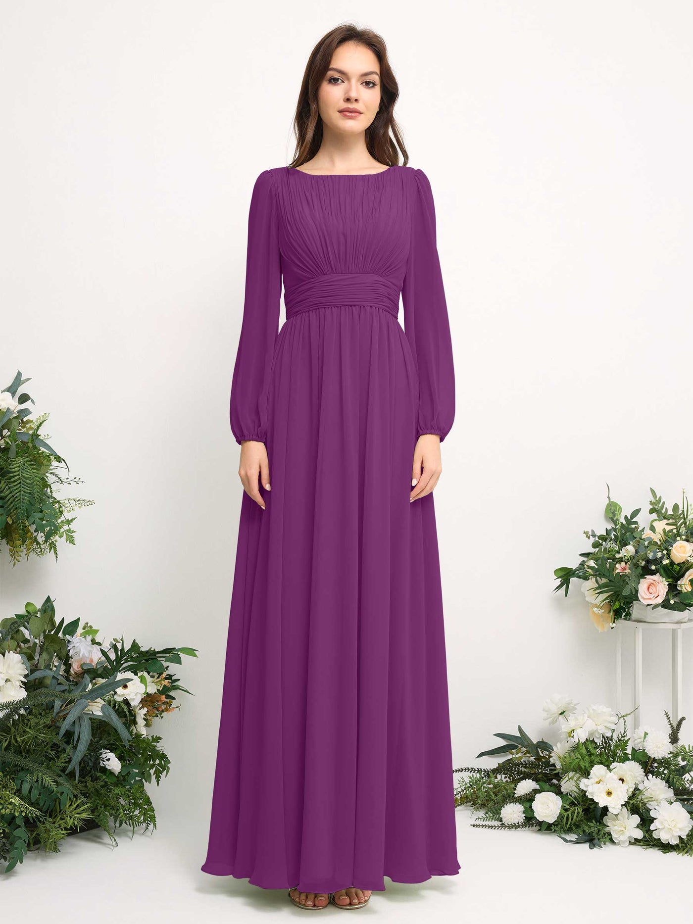 Carlyna Vestido línea A de gasa escote bandeja manga larga para dama de honor Púrpura #color_p-rpura