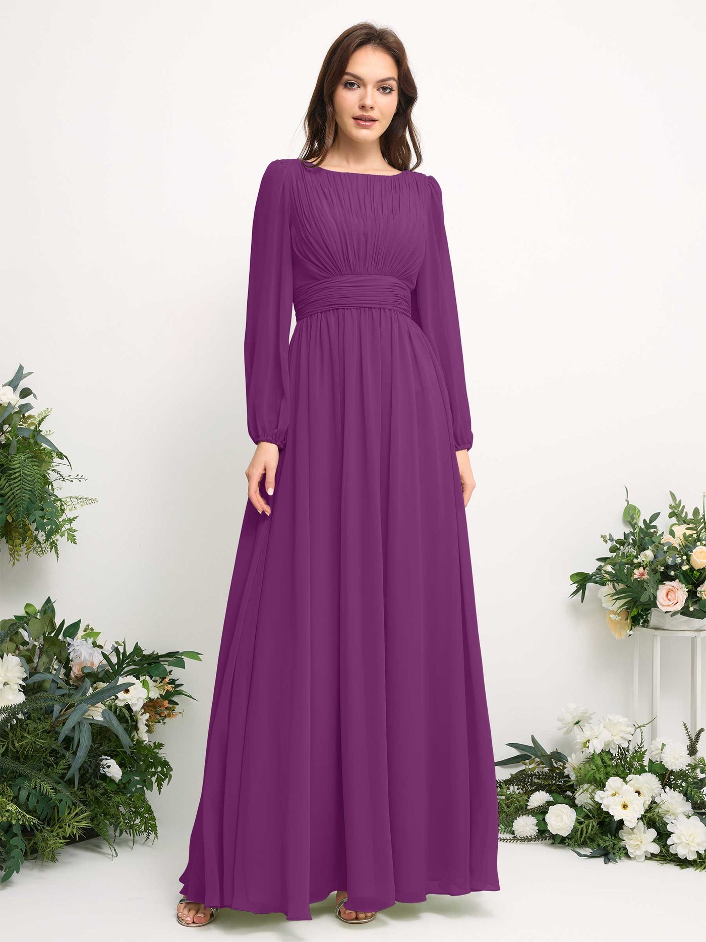 Carlyna Vestido línea A de gasa escote bandeja manga larga para dama de honor Púrpura #color_p-rpura