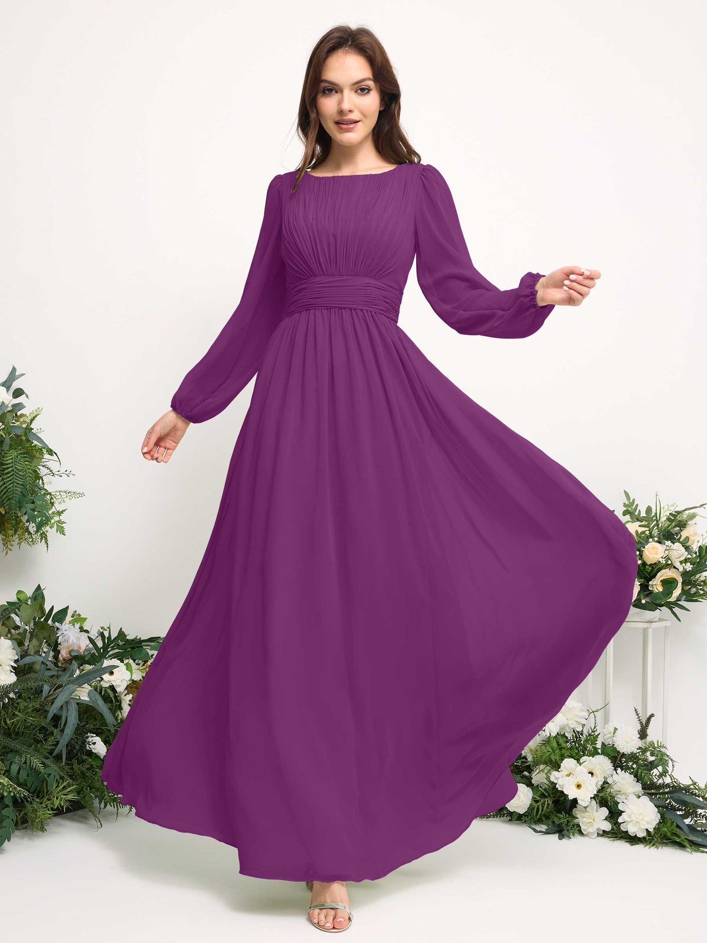Carlyna Vestido línea A de gasa escote bandeja manga larga para dama de honor Púrpura #color_p-rpura