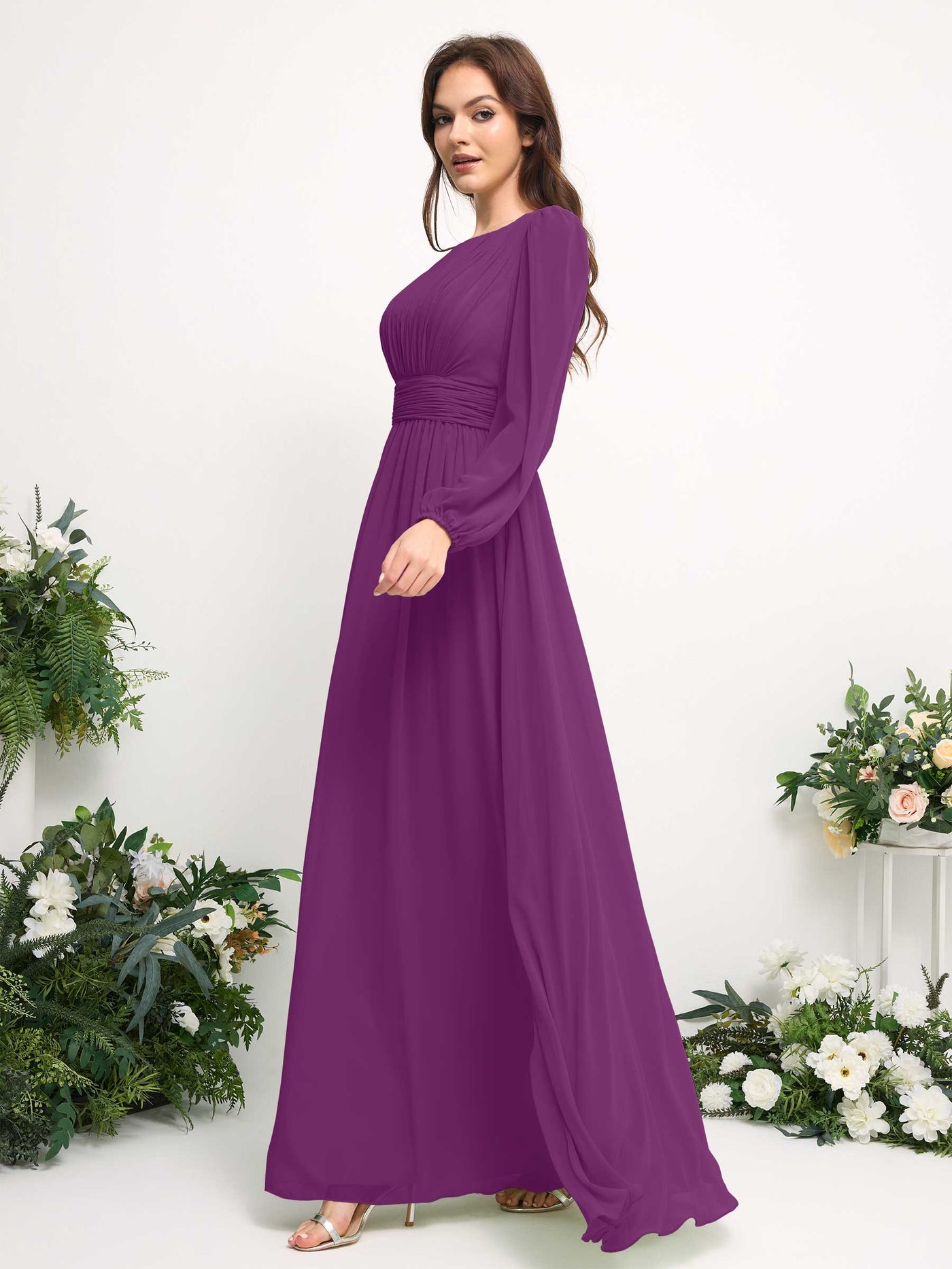 Carlyna Vestido línea A de gasa escote bandeja manga larga para dama de honor Púrpura #color_p-rpura