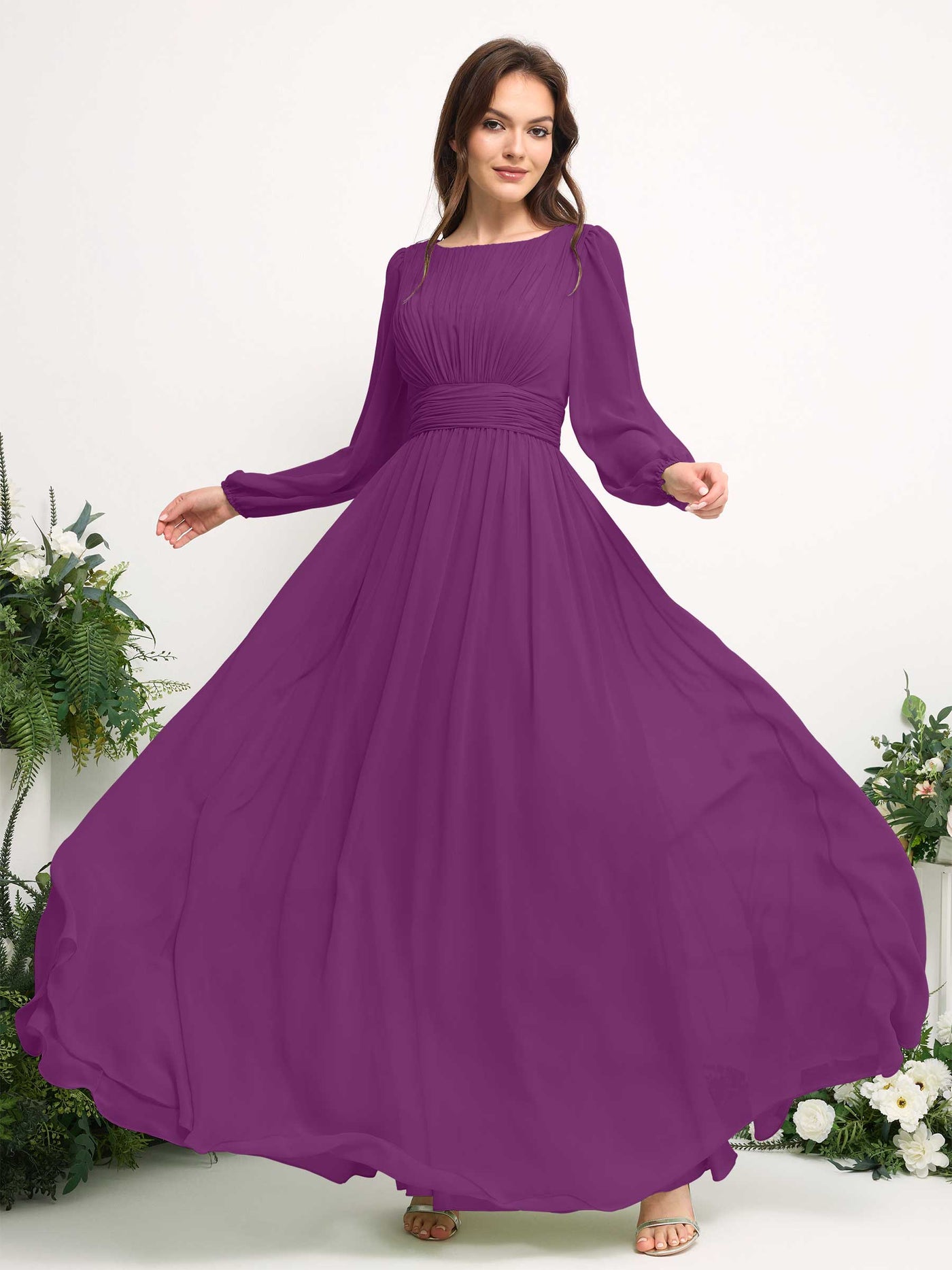 Carlyna Vestido línea A de gasa escote bandeja manga larga para dama de honor Púrpura #color_p-rpura