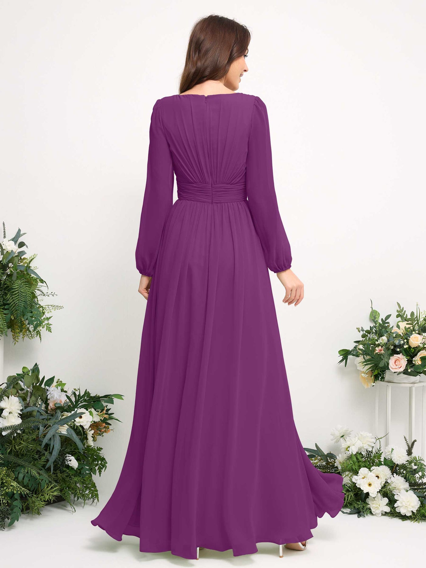 Carlyna Vestido línea A de gasa escote bandeja manga larga para dama de honor Púrpura #color_p-rpura