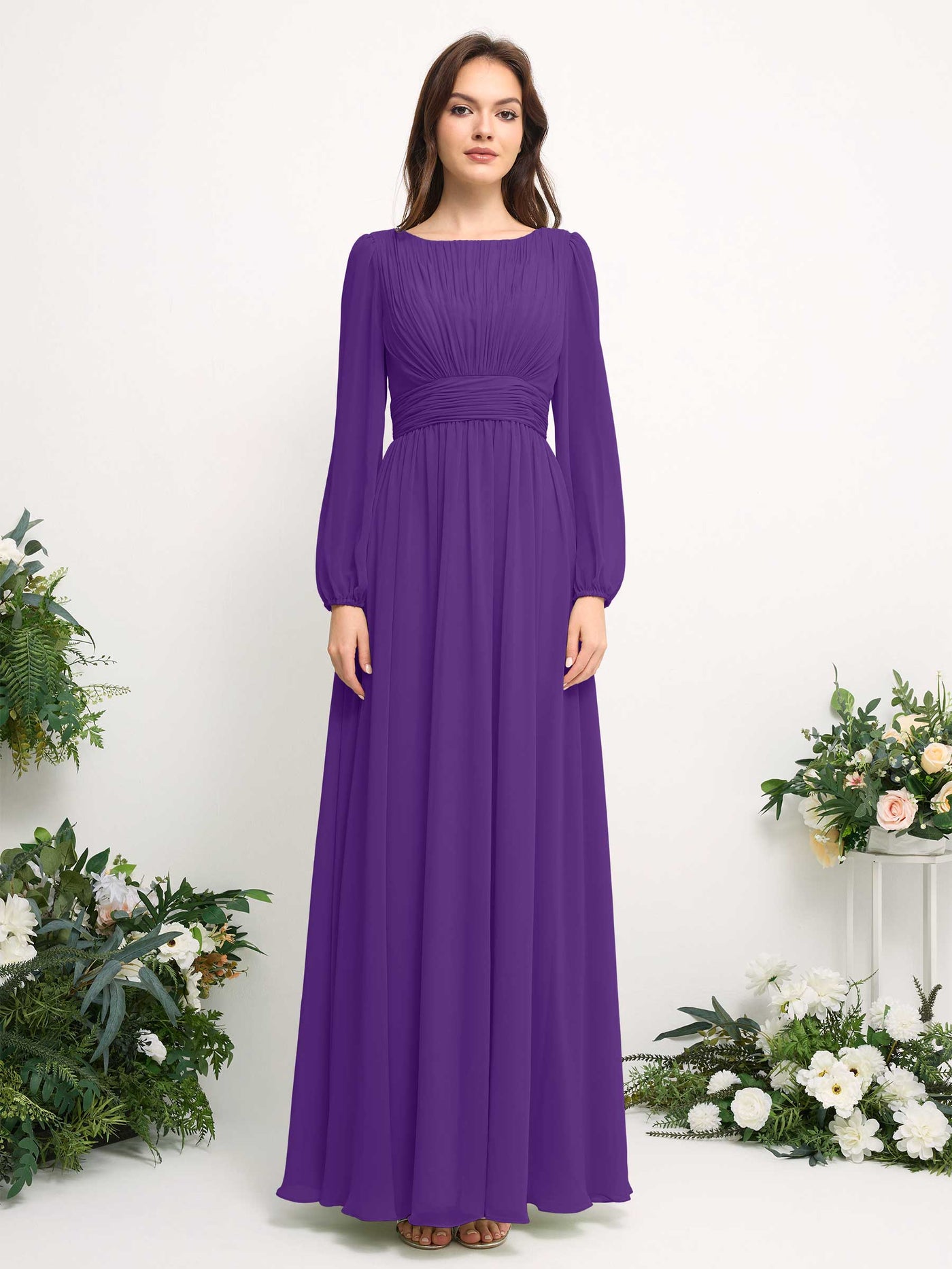 Carlyna Vestido línea A de gasa escote bandeja manga larga para dama de honor Regencia #color_regencia