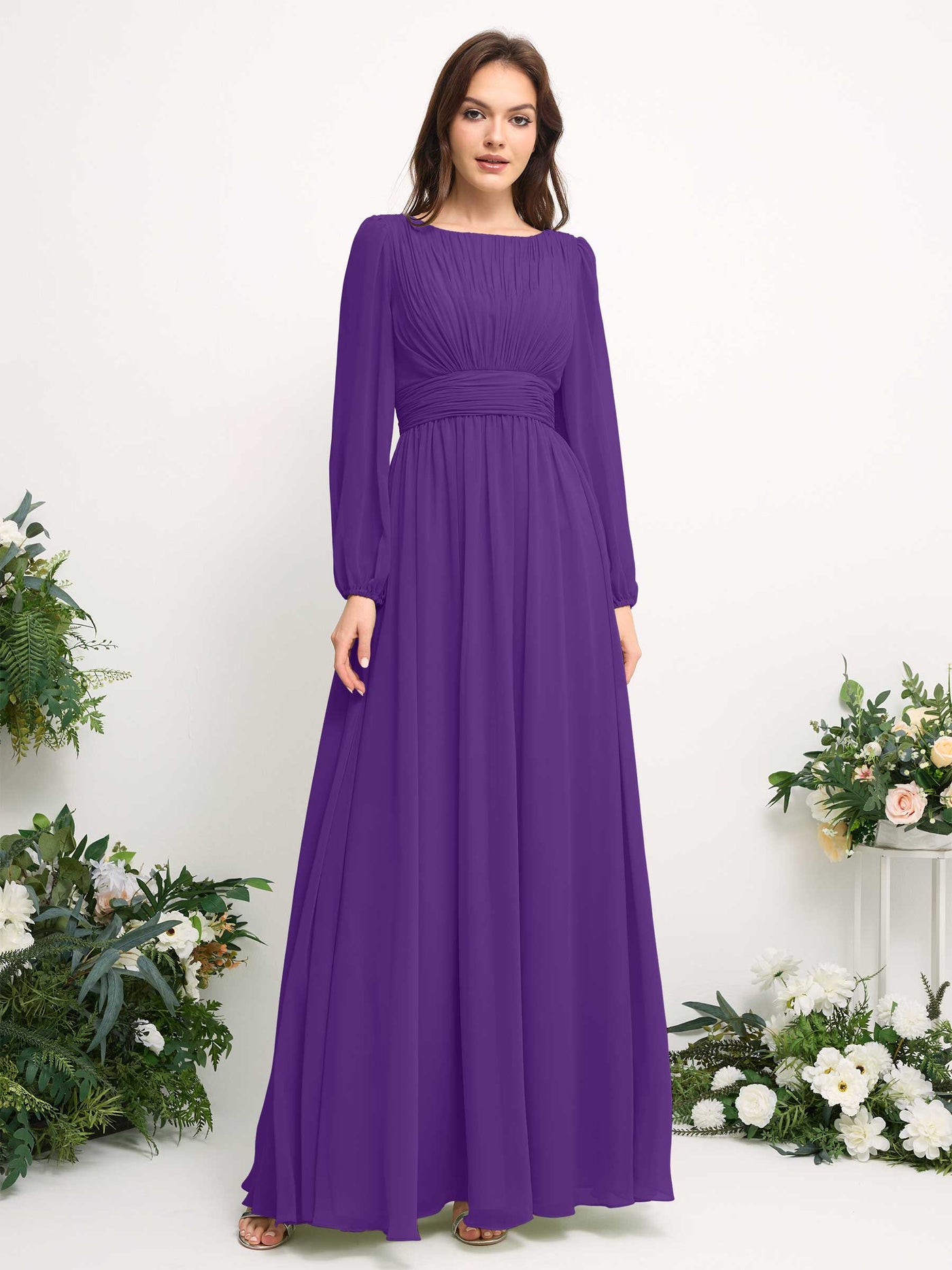 Carlyna Vestido línea A de gasa escote bandeja manga larga para dama de honor Regencia #color_regencia