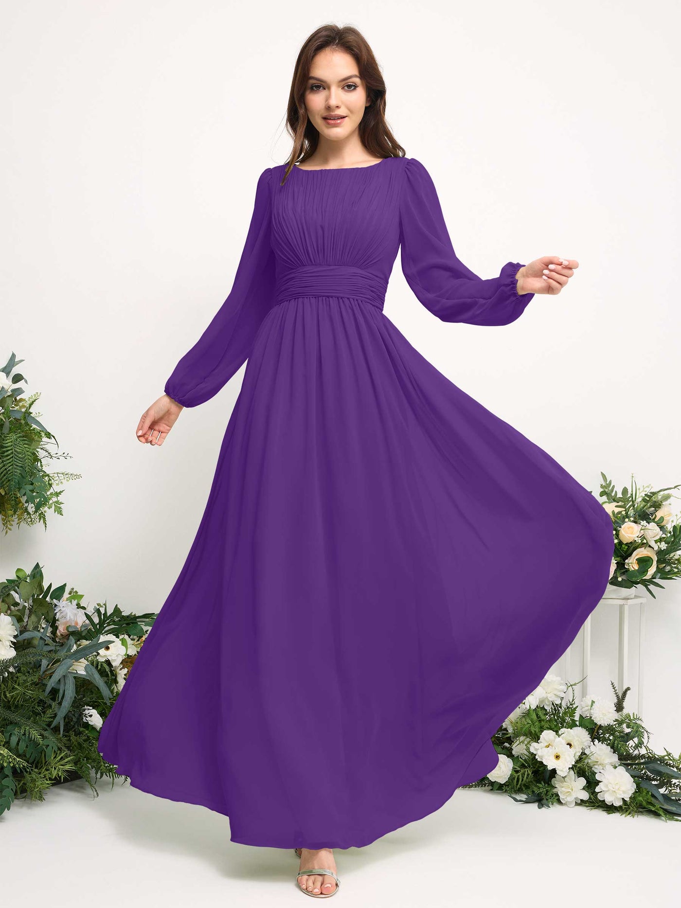 Carlyna Vestido línea A de gasa escote bandeja manga larga para dama de honor Regencia #color_regencia
