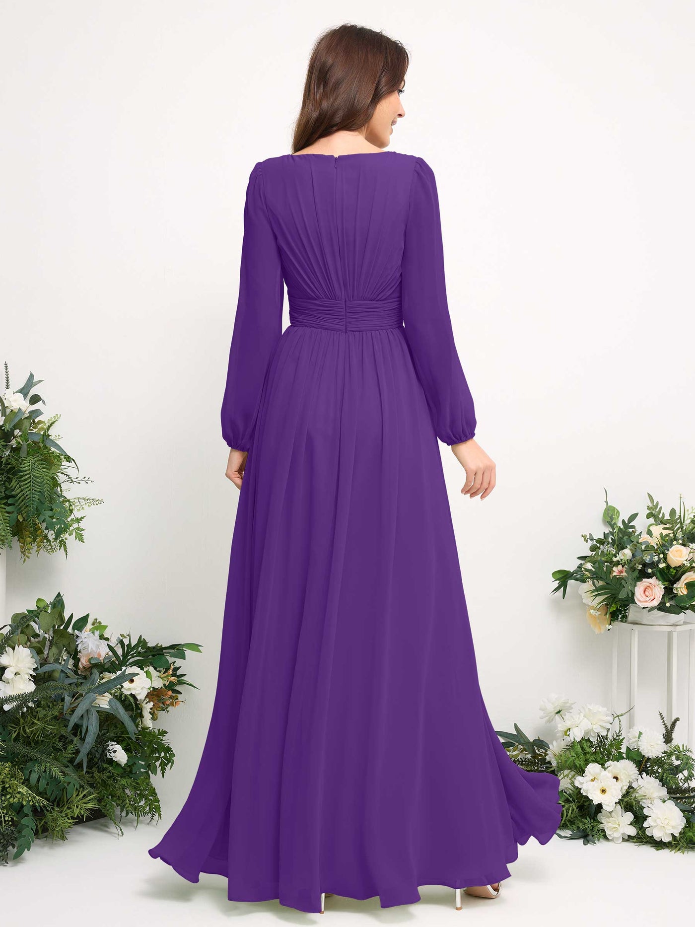 Carlyna Vestido línea A de gasa escote bandeja manga larga para dama de honor Regencia #color_regencia