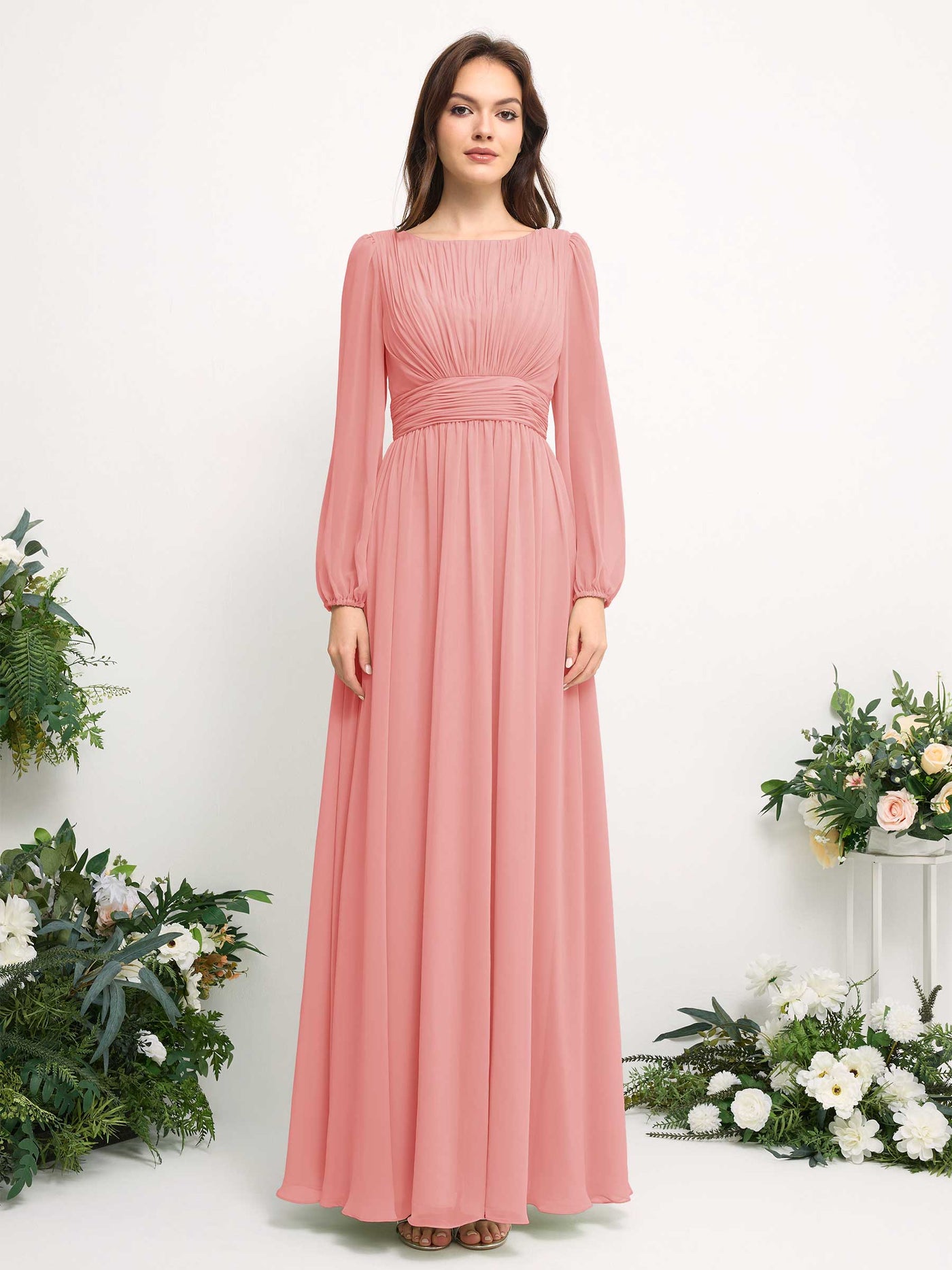 Carlyna Vestido línea A de gasa escote bandeja manga larga para dama de honor Rosa Ballet #color_rosa-ballet