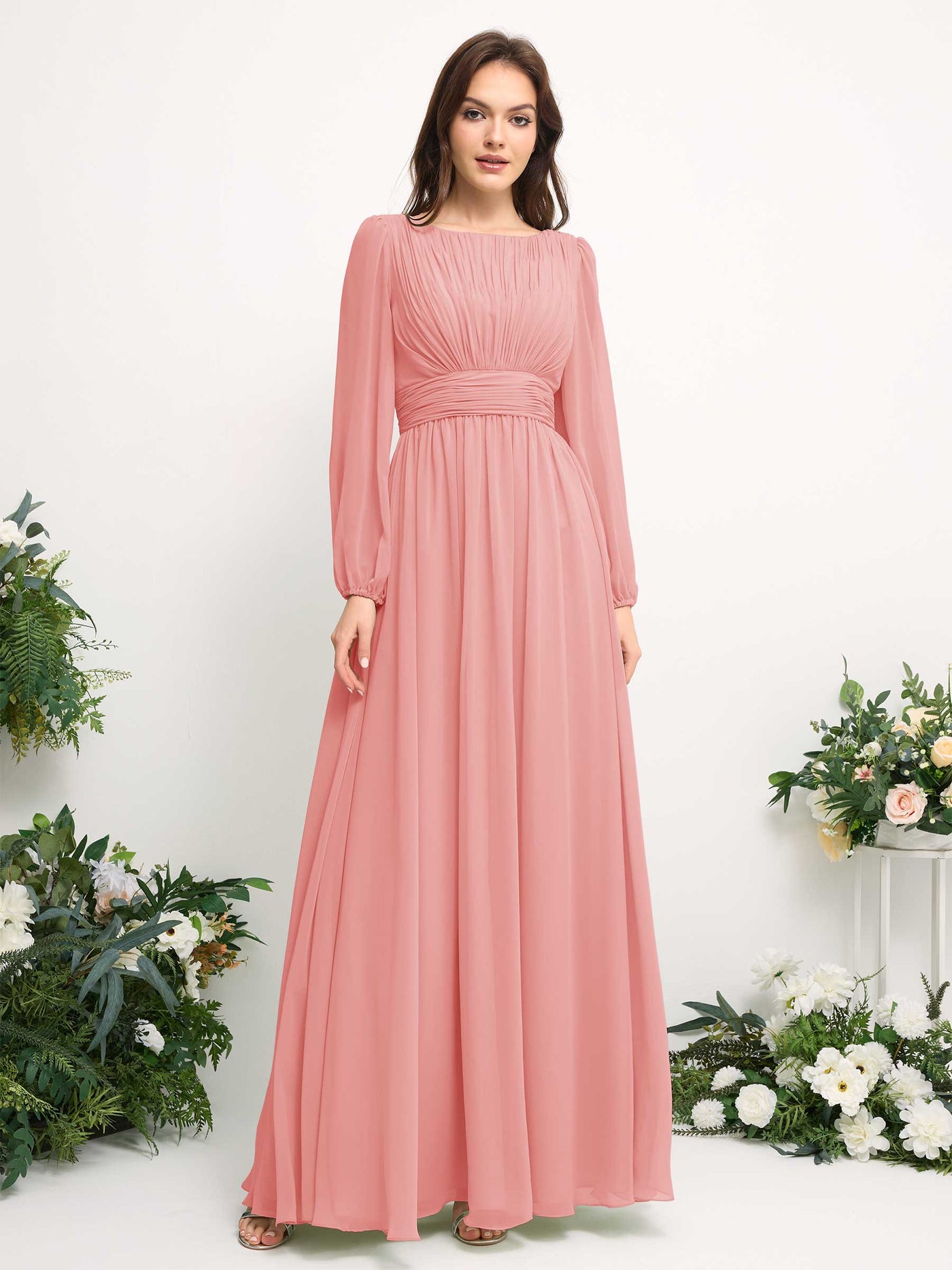 Carlyna Vestido línea A de gasa escote bandeja manga larga para dama de honor Rosa Ballet #color_rosa-ballet