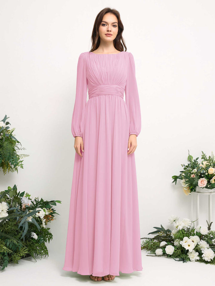 Carlyna Vestido línea A de gasa escote bandeja manga larga para dama de honor Rosa Caramelo 