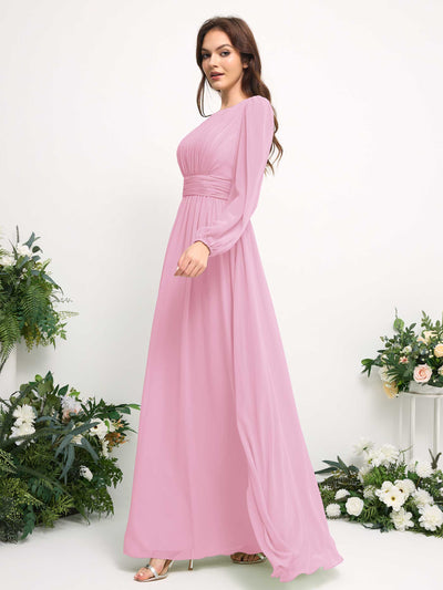 Carlyna Vestido línea A de gasa escote bandeja manga larga para dama de honor Rosa Caramelo #color_rosa-caramelo